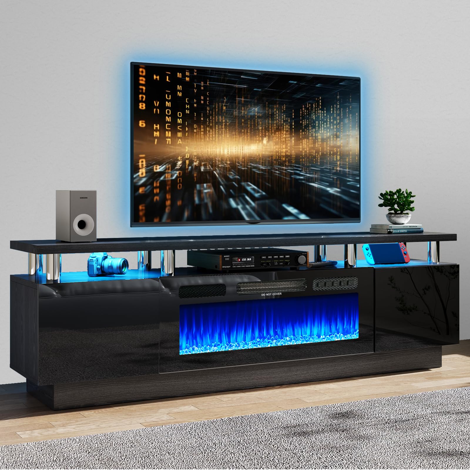oneinmil Fireplace TV Stand with 36    Electric Fireplace, 80    2 Tier TV Console Stand for TVs Up to 90, LED Light Entertainme