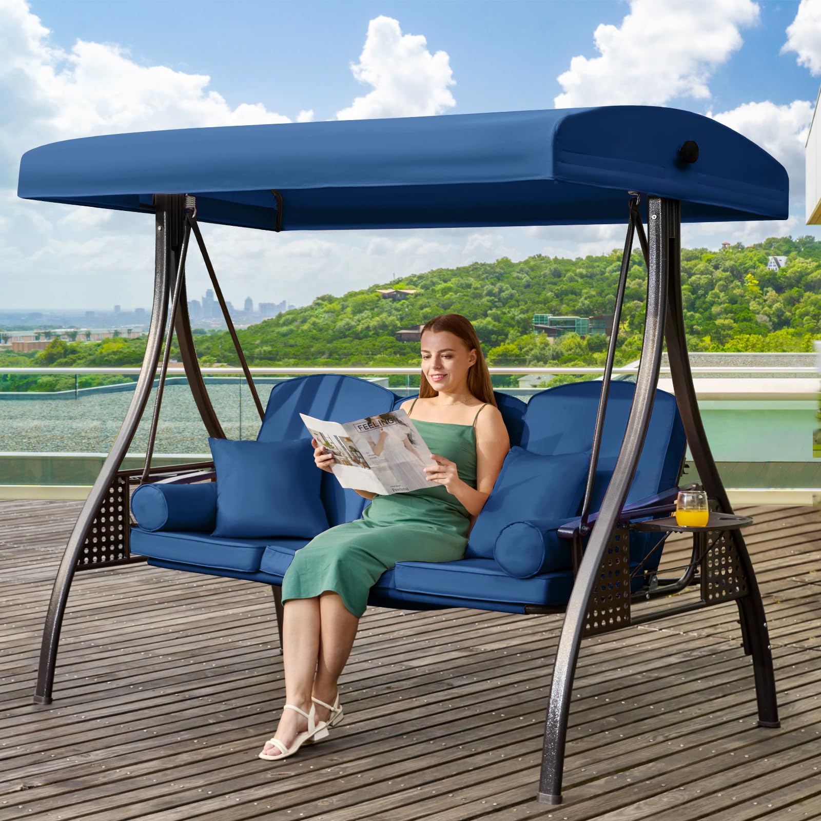 Yalissey 3 in 1 Outdoor Porch Swing with Adjustable Canopy, 3 Seat Outdoor Swing for Adults, Patio Swing Chair with Thickened Cu
