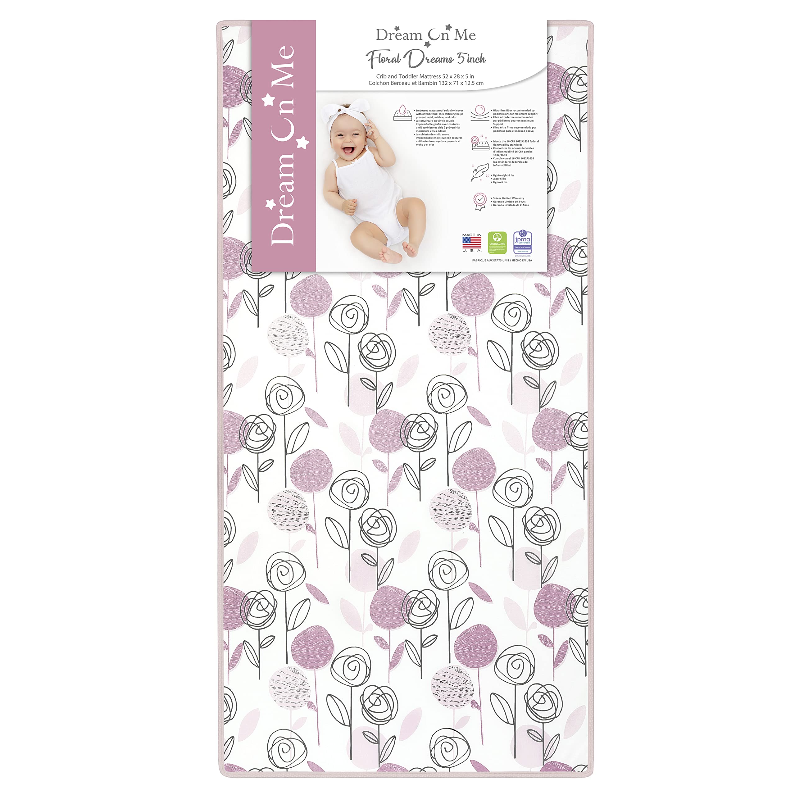 Dream On Me Floral Dreams Firm Fiber Standard Baby Crib Mattress in Rose Pink, Greenguard Gold and JPMA Certified, Fits Crib and