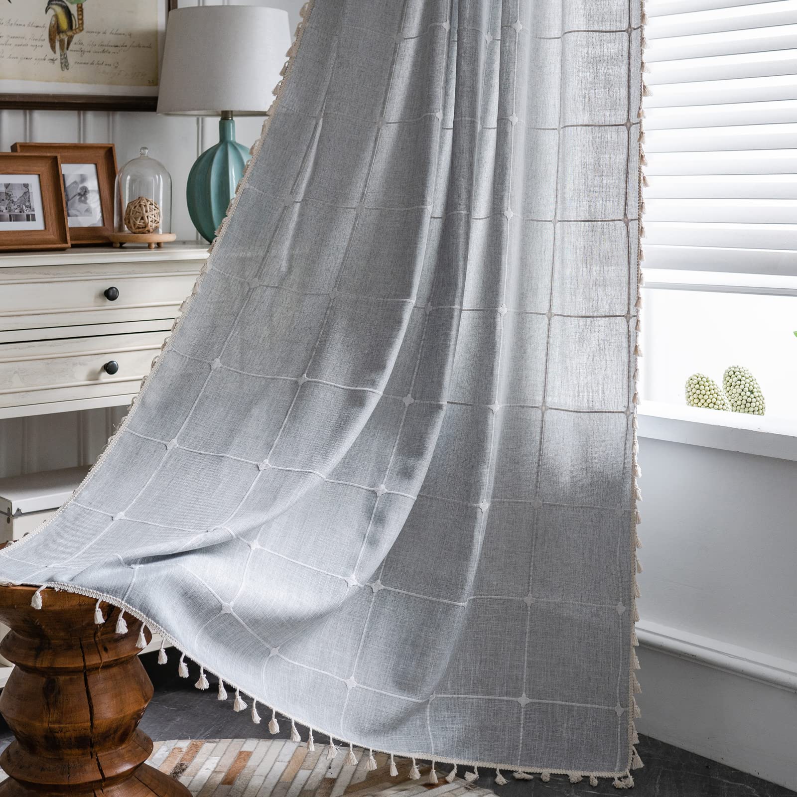 ColorBird Farmhouse Semi-Blackout Window Curtains 2 Panels Embroidery Lattice Cotton Linen Darkening Curtains with Tassel Rod Po