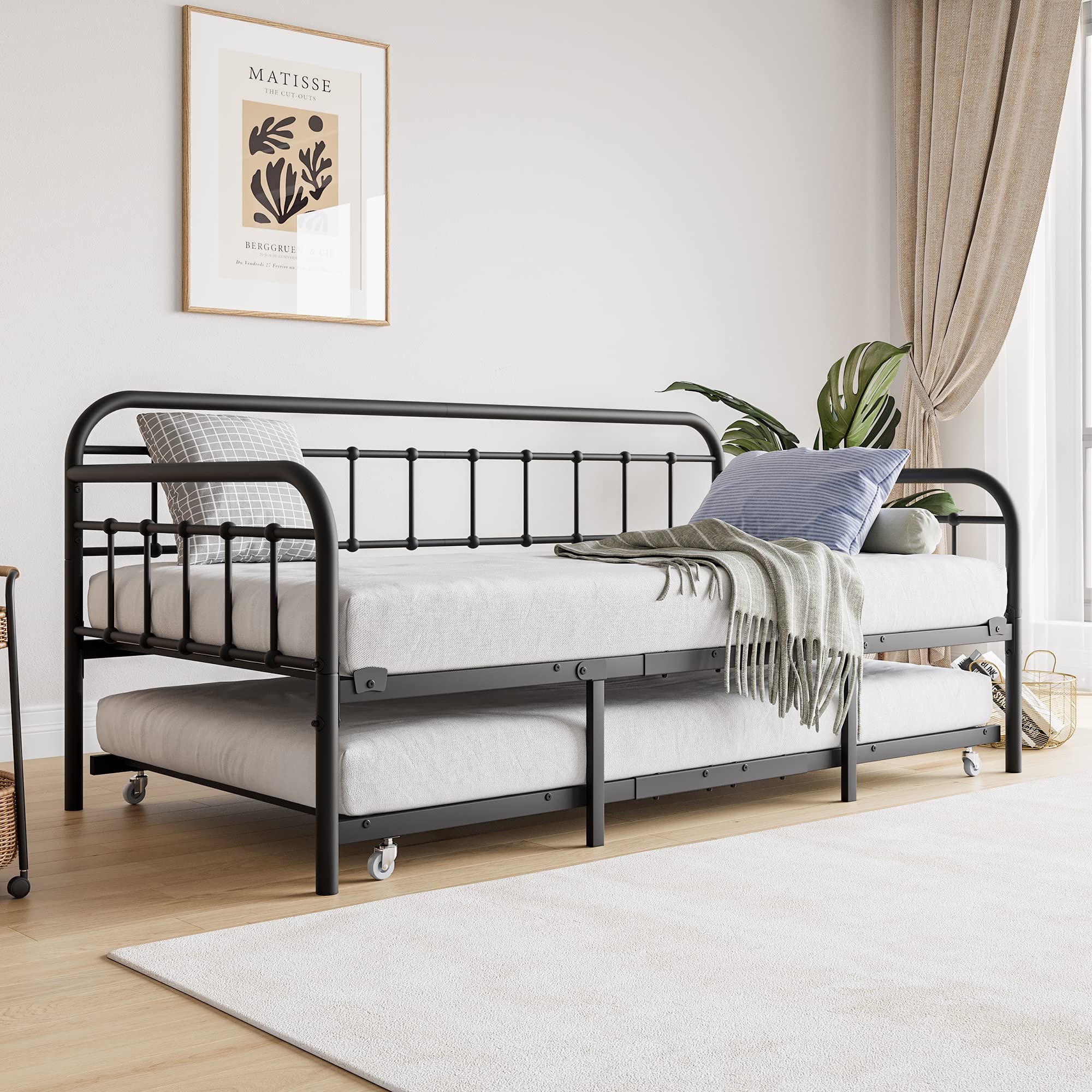 JURMERRY Metal Daybed Frame with Trundle Twin Size Heavy Duty Steel Slats Support Platform Furniture,Textured Black