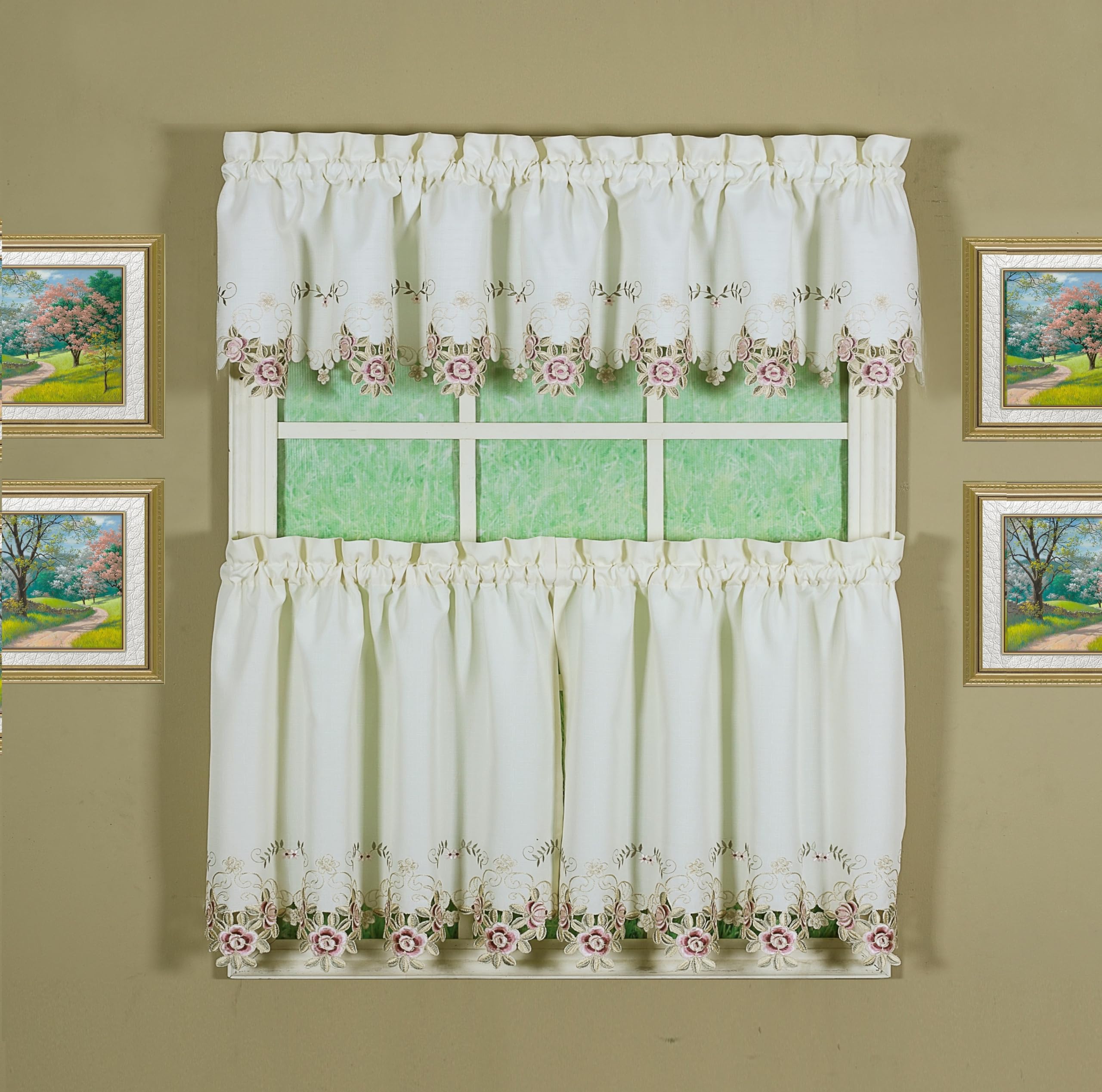 Todays Curtain Verona Reverse Embroidery Tier, 24, Ecru/Rose
