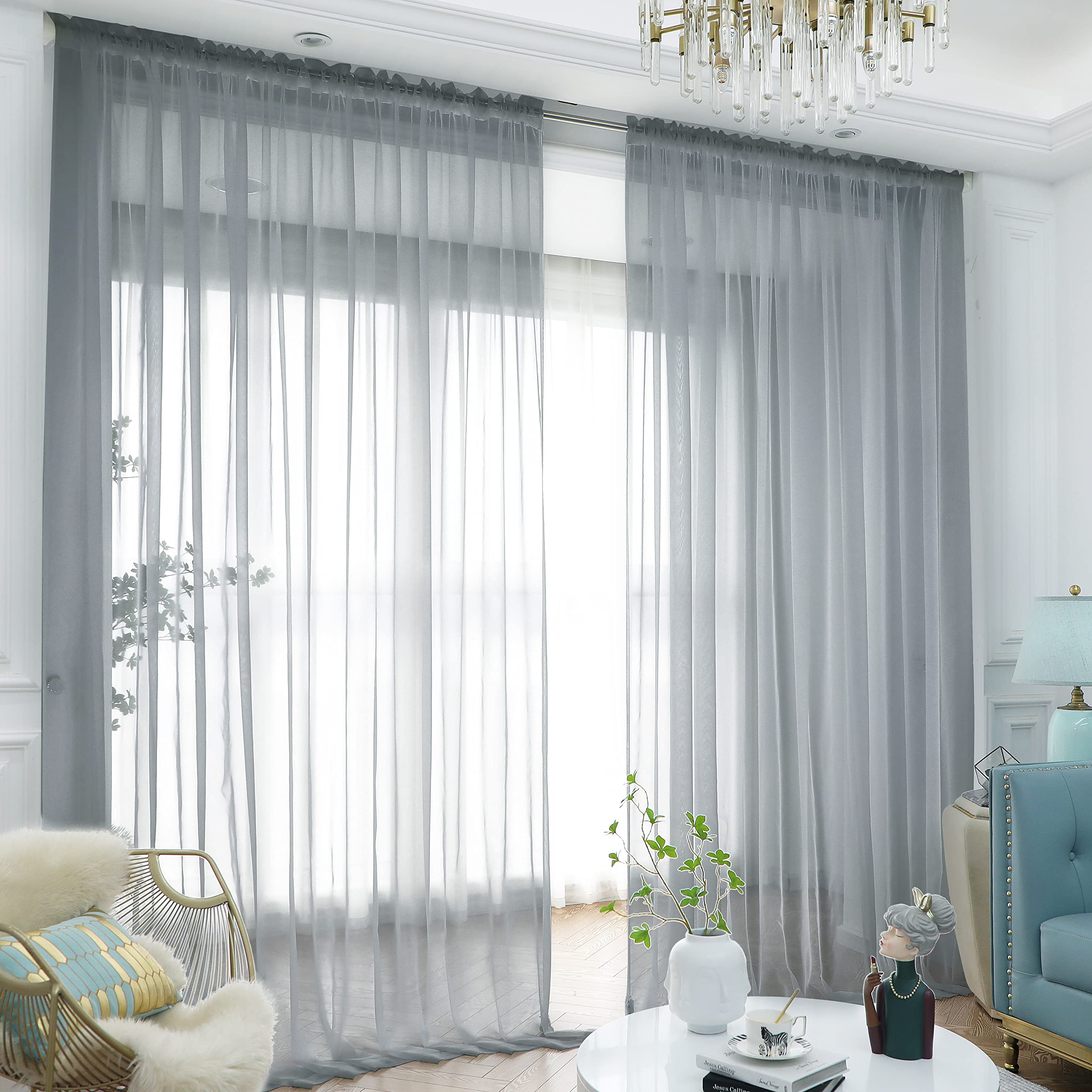 Window Light Gray Sheer Curtains 90 Inches Long 2 Panels Sheer Curtain Basic Rod Pocket Panel for Bedroom Children Living Room Y