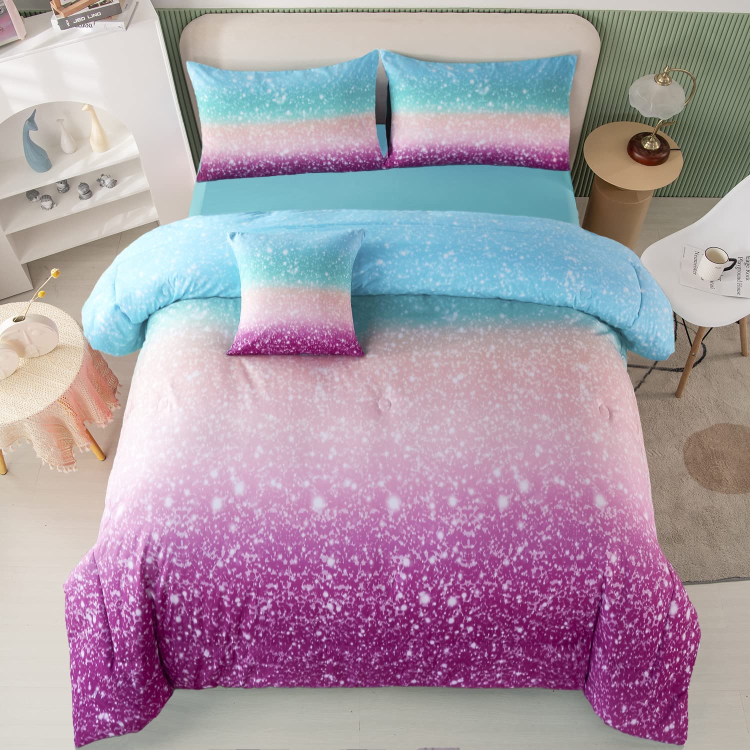 PERFEMET 6 Piece Full Size Comforter Sets for Teens Girls, Tie Dye Rainbow Ombre Bed in A Bag, Gradient Glitter Sparkle Bedroom 