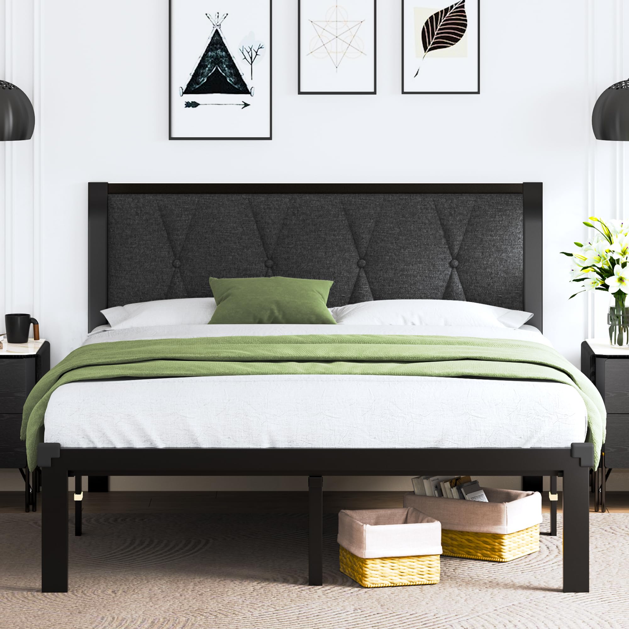 Feonase Full Size Metal Bed Frame with Fabric Button Tufted Headboard, Platform Bed Frame with Heavy Duty Metal Slats, 12 Storag
