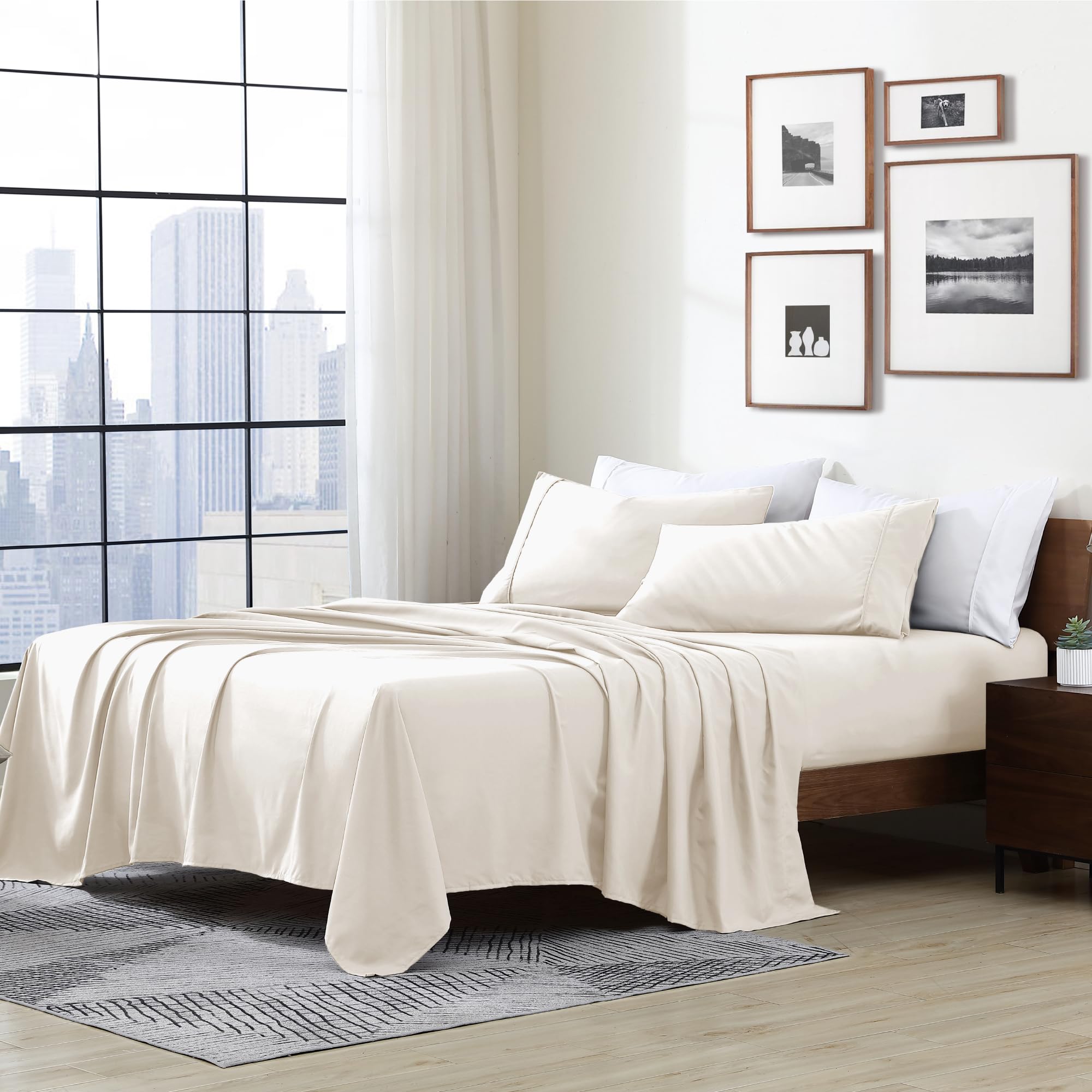 Cathay Home Essentials Ultra Soft Hypoallergenic Wrinkle Resistant Double Brushed Microfiber Bedding Sheet Set, Coconut Milk, Qu