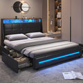 MSmask Queen Bed Frame with 4 Storage Drawers, Charging Station and LED Lights, Upholstered Bed Frame with Button Tufted Wingbac