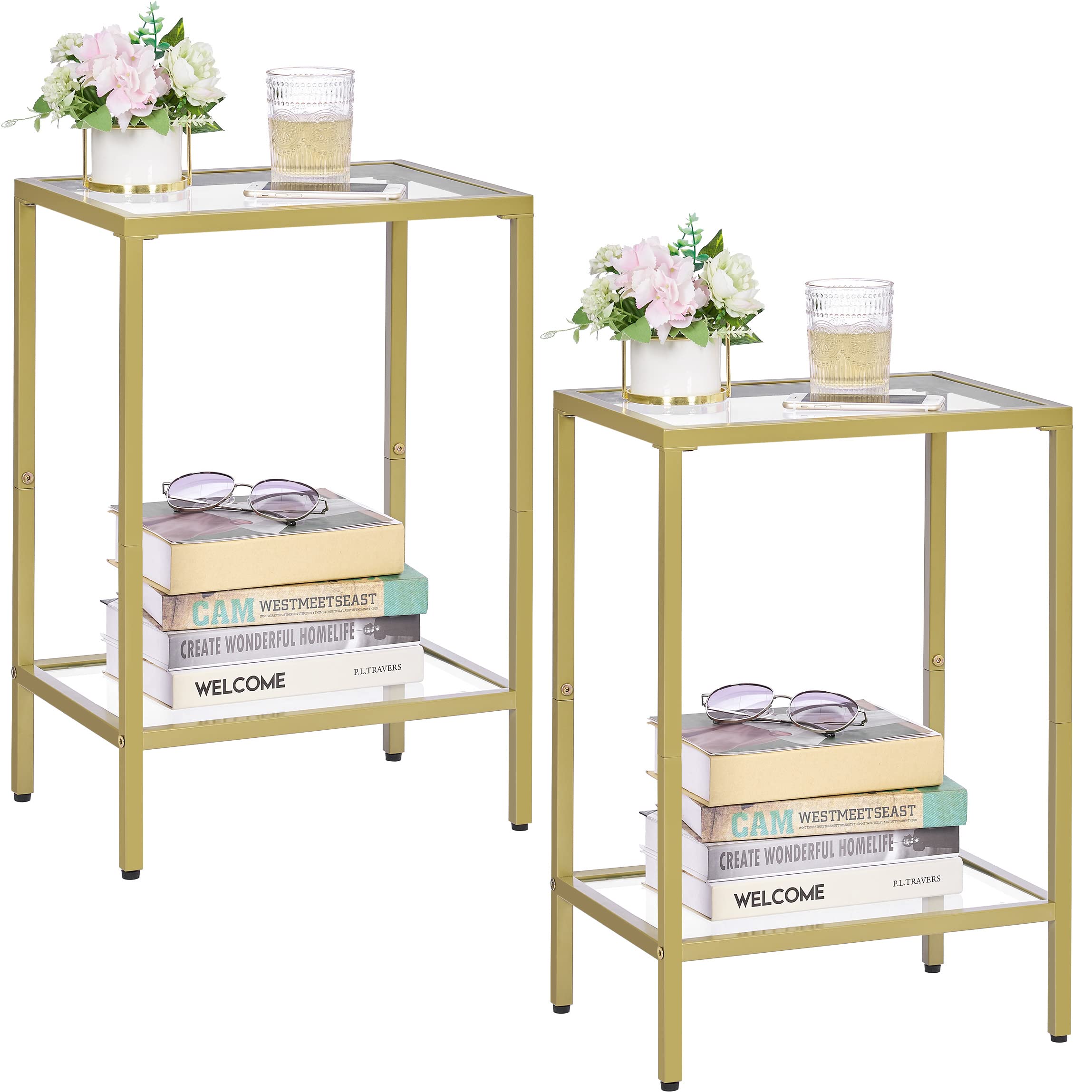 HOMSHO Side Tables Set of 2, End Table with Tempered Glass, 2-Tier Nightstands with Storage Shelves, Coffee Table with Modern St