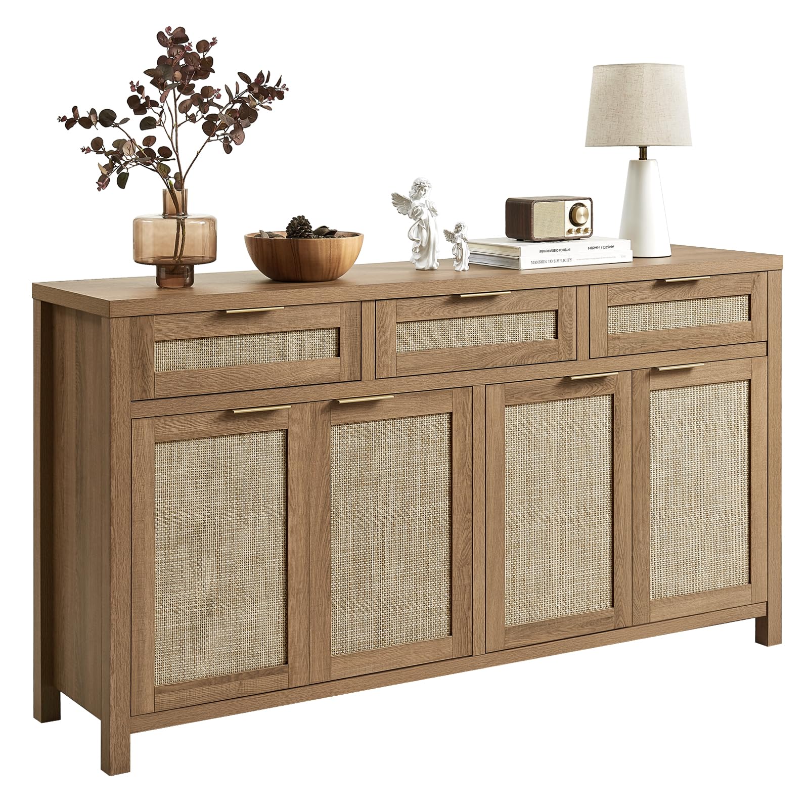 HOKYHOKY Rattan Sideboard Buffet Cabinet, Boho Storage Cabinet with Adjustable Shelves, Farmhouse Credenza Coffee Bar Cabinets w