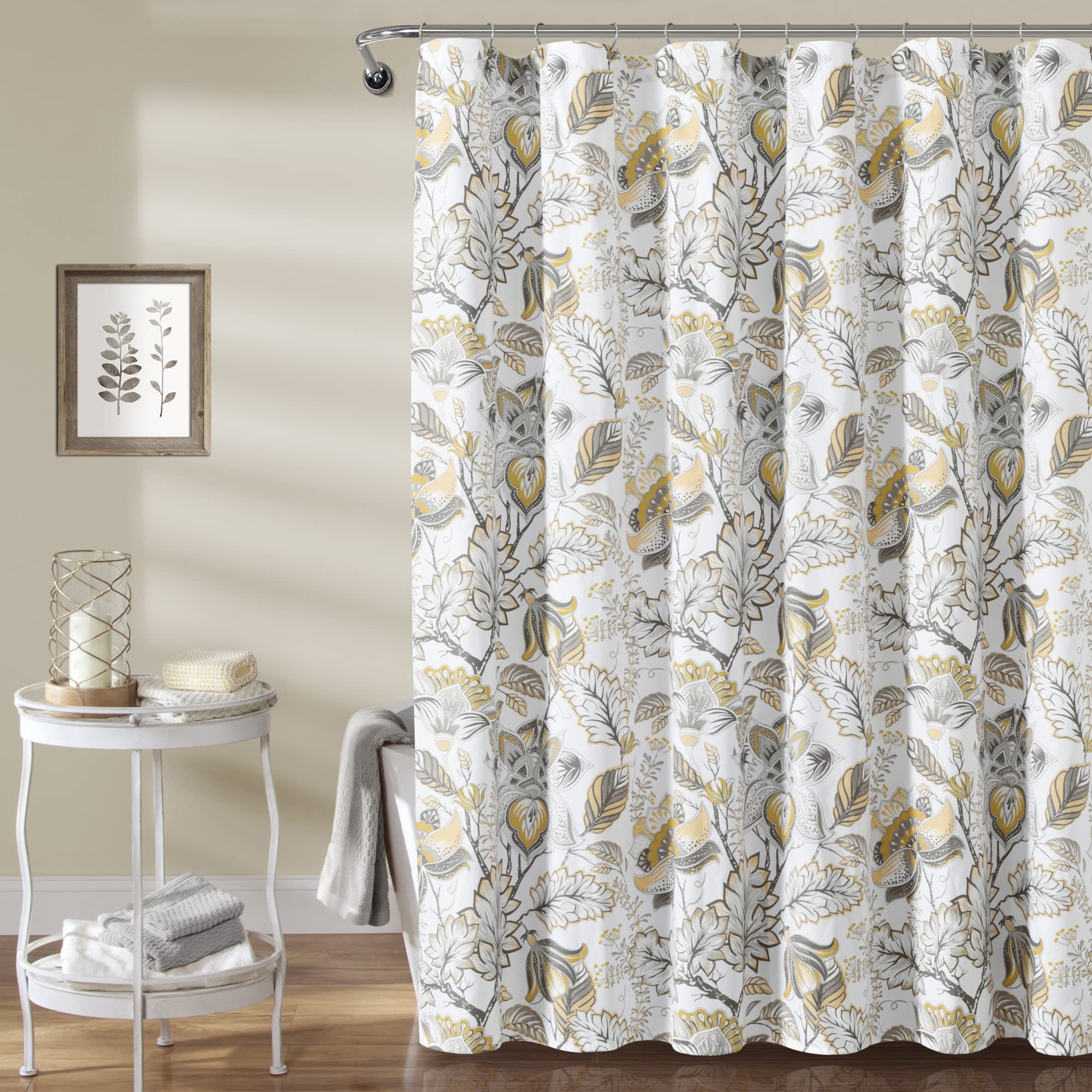 Lush Decor Cynthia Jacobean Shower Curtain, 72 x 72, Yellow & Gray