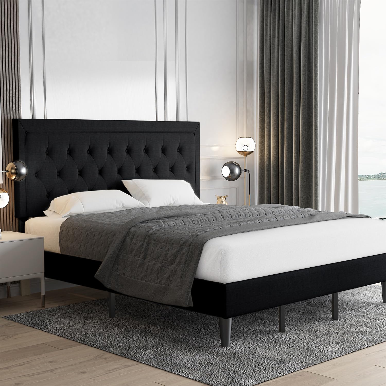 Allewie King Size Bed Frame Upholstered Platform Bed with Adjustable Headboard, Button Tufted, Wood Slat Support, Easy Assembly,