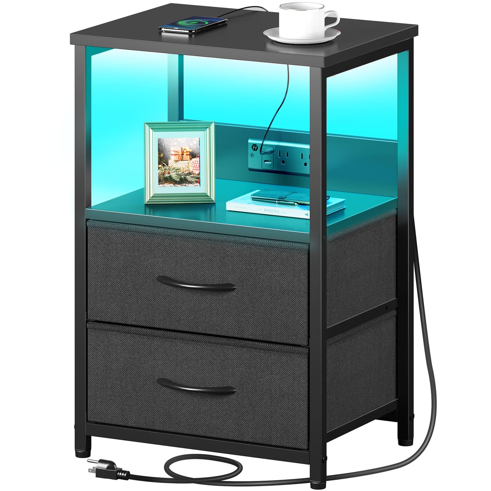 Seventable Nightstand with Charging Station, Bedside Table with LED Lights, Night Stand with 2 Fabric Drawers, 3-Tier Storage En