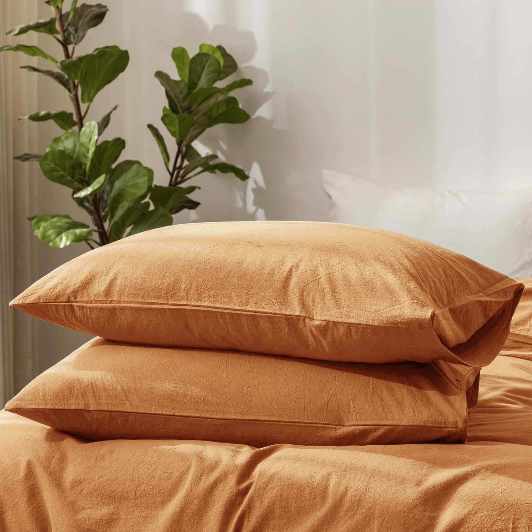MooMee Bedding Pillowcases Pack of 2 100% Washed Cotton Linen Like Textured Breathable Durable Soft Comfy (Burnt Orange, Standar