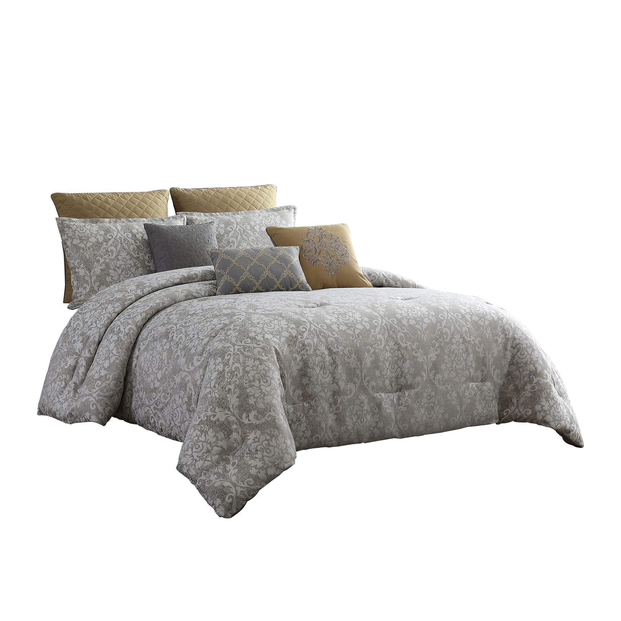 Benjara 8 Piece Queen Polyester Comforter Set with Medallion Print, Gray and Gold