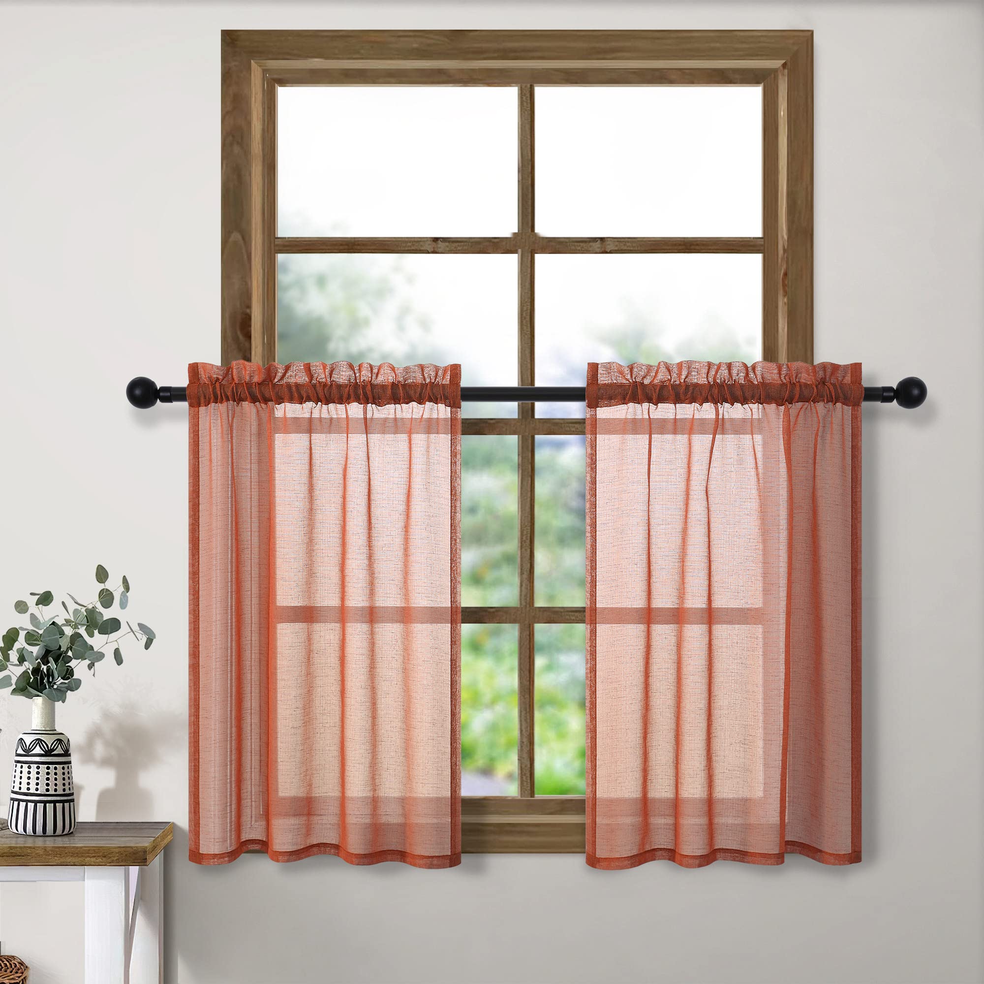 Terracotta Tier Curtains for Small Window 30 Inch Length 2 Panel Set Rod Pocket Semi Transparent Voile Sheer Farmhouse Boho Kitc