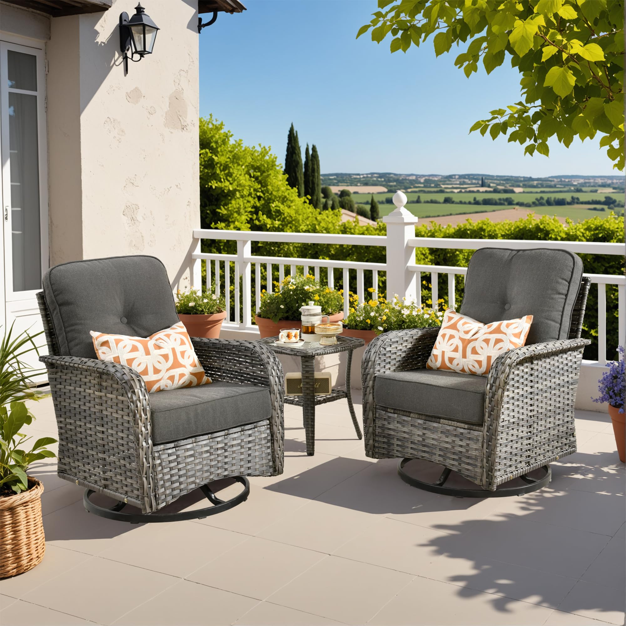 CAODOC 3-Piece Swivel Rocking Rattan Chair Outdoor, Patio Bistro Furniture Conversation Set, Wicker Chair with Coffee Table Blac