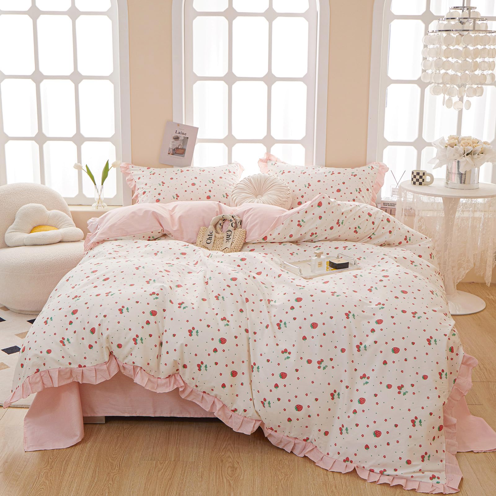 Kawaii Strawberry Duvet Cover Twin XL Girls Princess Pink Lace Duvet Cover 100% Cotton Cute Ruffle Strawberry Bedding Set Twin X