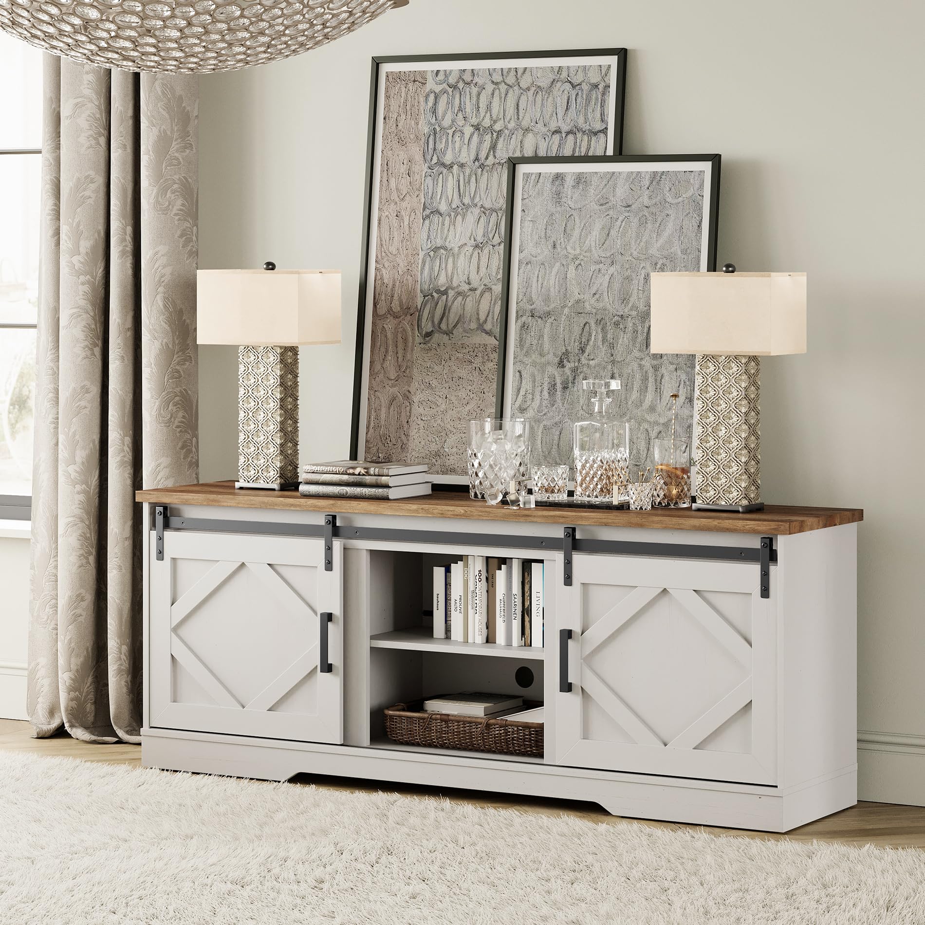 WAMPAT Modern Farmhouse TV Stand for TVs up to 75 inch with Sliding Barn Door,Wood Entertainment Center with Adjustable Media St