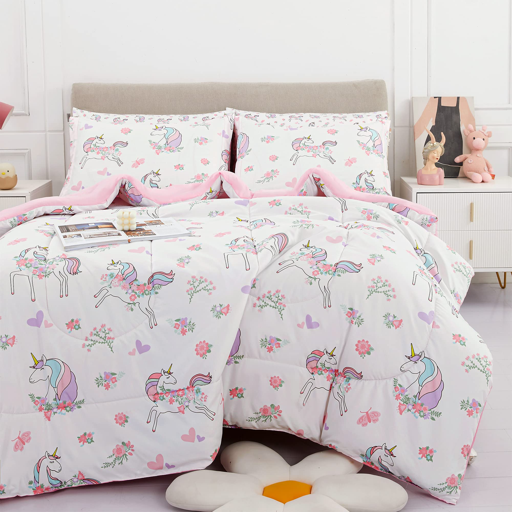 Viviland 7 Pieces Full Pink Unicorn Comforter Set for Girls - Kids Brushed Microfiber Full Bedding Set - Machine Washable Bed in