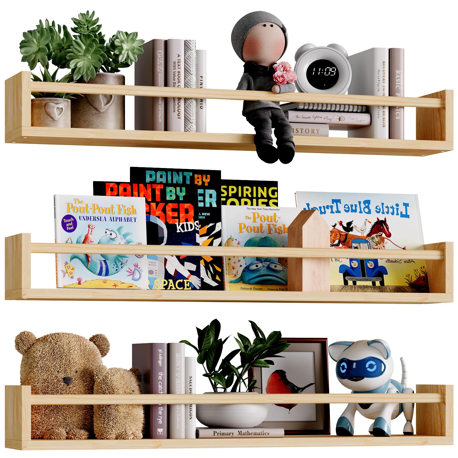 Fixwal Nursery Book Shelves, 23.6 Inch Floating Bookshelves for Wall Set of 3, Baby Nursery Decor, Solid Wood Wall Mounted Shelv