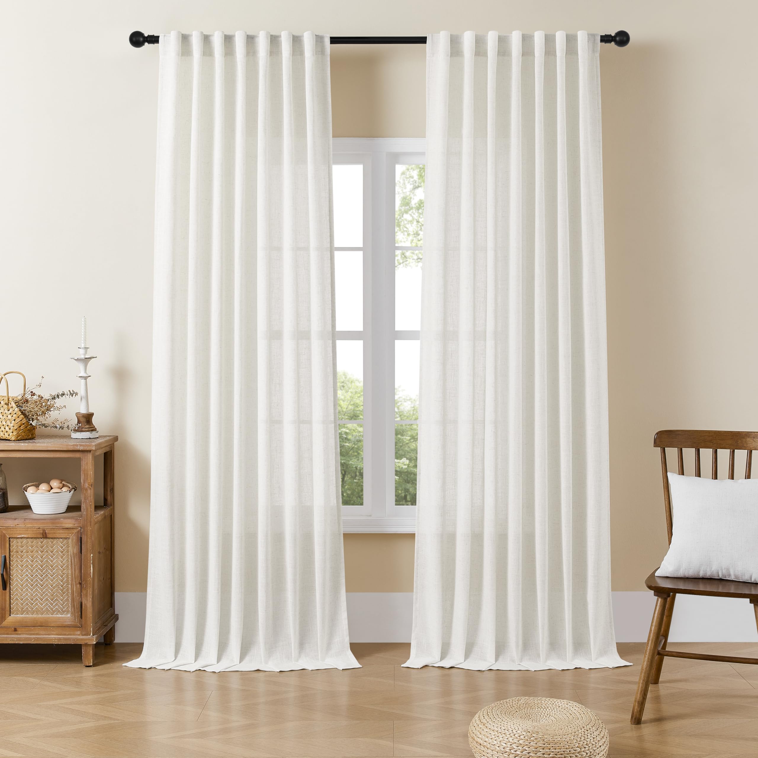 Joydeco Light Filtering Curtains 96 Inch Length for Bedroom, Linen Curtains 96 Inch Length 2 Panels Set for Living Room,White Se