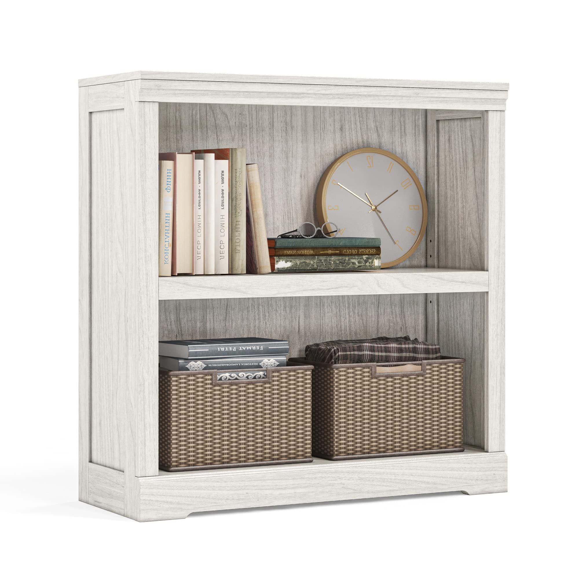 LINSY HOME 2-Tier Bookcase and Bookshelf, Small Wood Display Storage Shelves Farmhouse Bookshelf for Home Office, Living Room, B