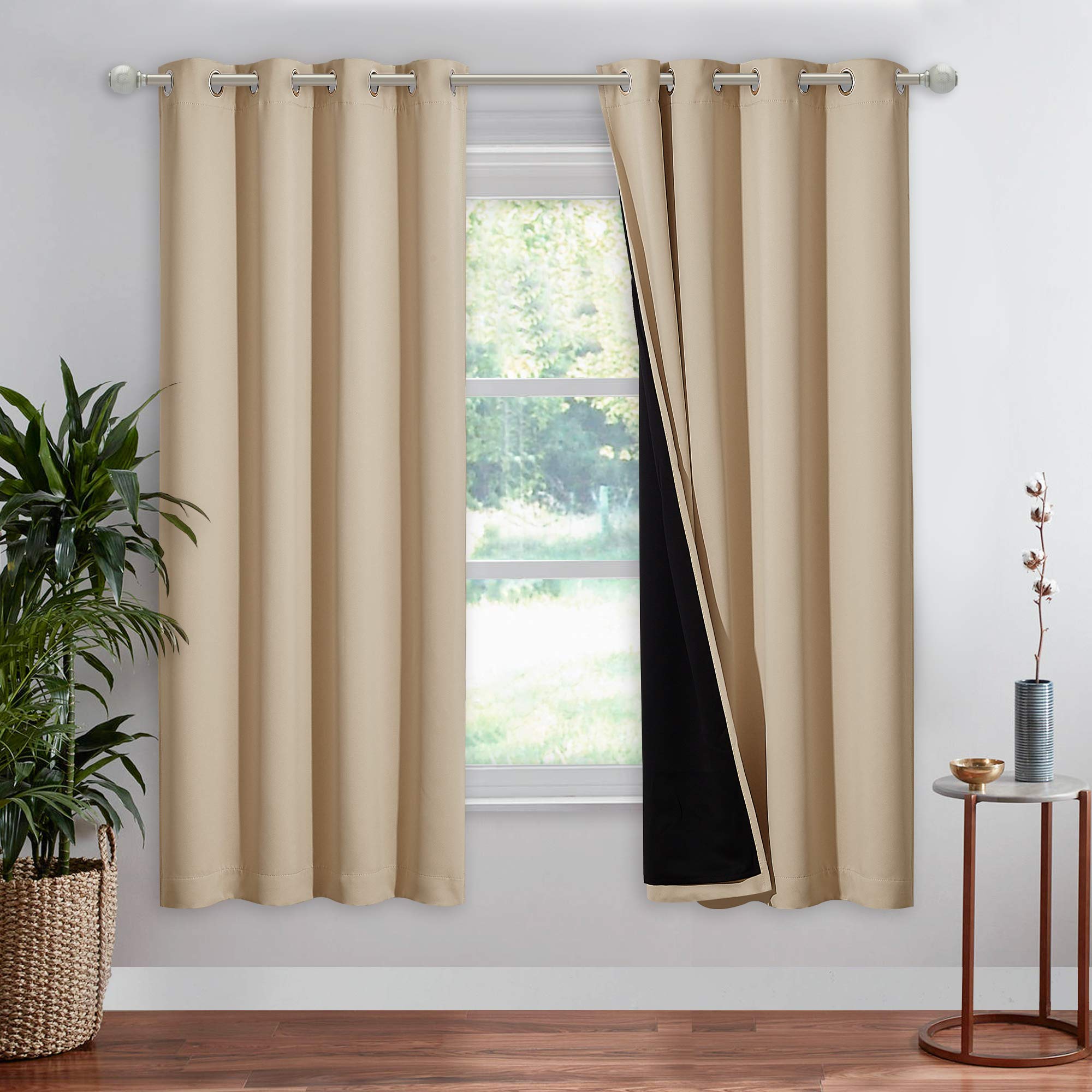 NICETOWN Living Room Completely Shaded Drapery, Privacy Protection & Noise Reducing Ring Top Drape, Black Lined Insulated Window