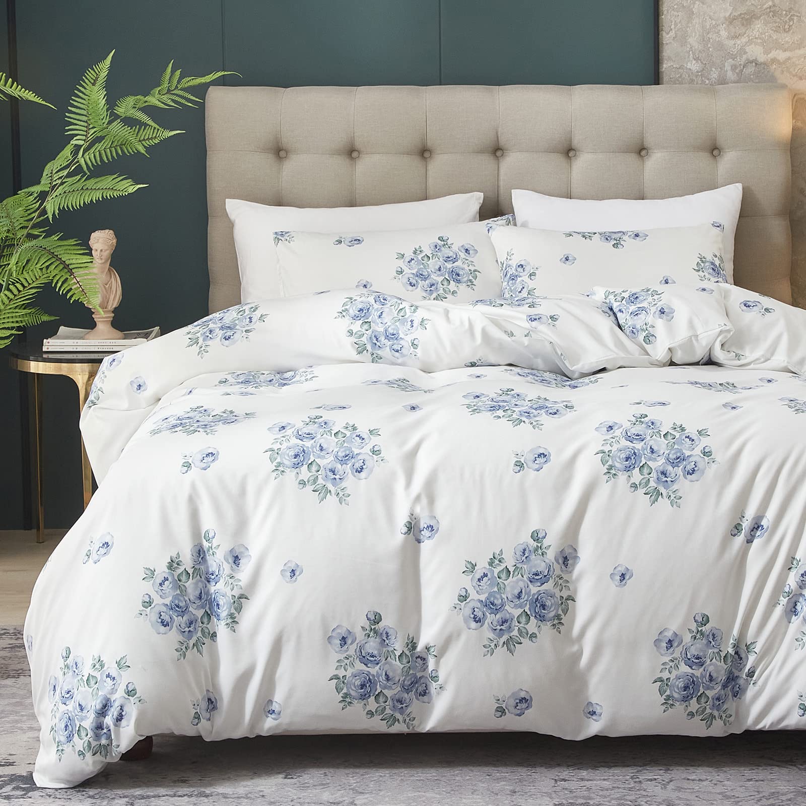HYPREST Floral Duvet Cover Set Queen Size, 3 Pieces Blue Floral Farmhouse Duvet Cover Set- Soft, Lightweight & Breathable, Stand