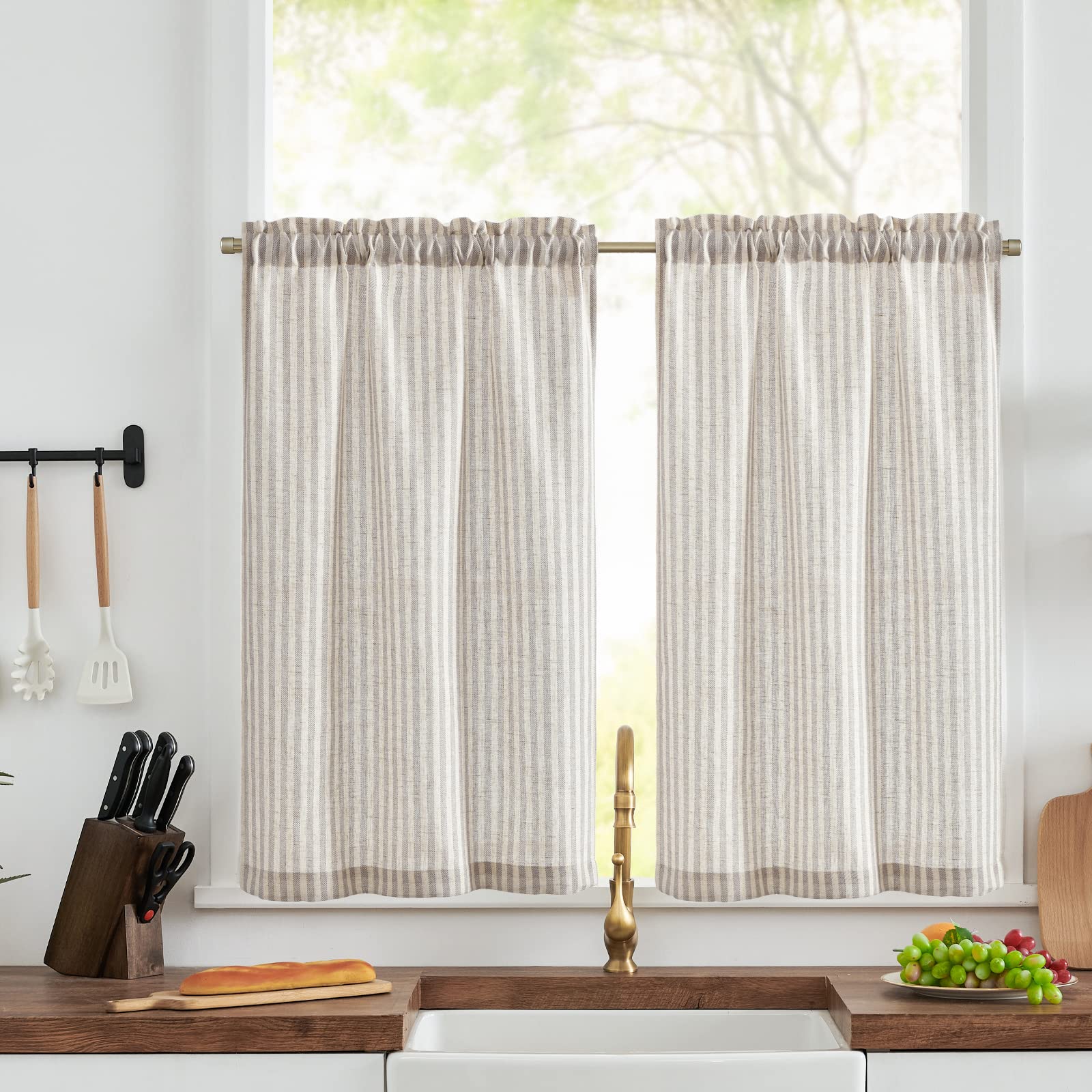 jinchan Linen Kitchen Curtains Striped Tier Curtains Ticking Stripe Curtains Pinstripe Cafe Curtains 45 Inch Length for Living R
