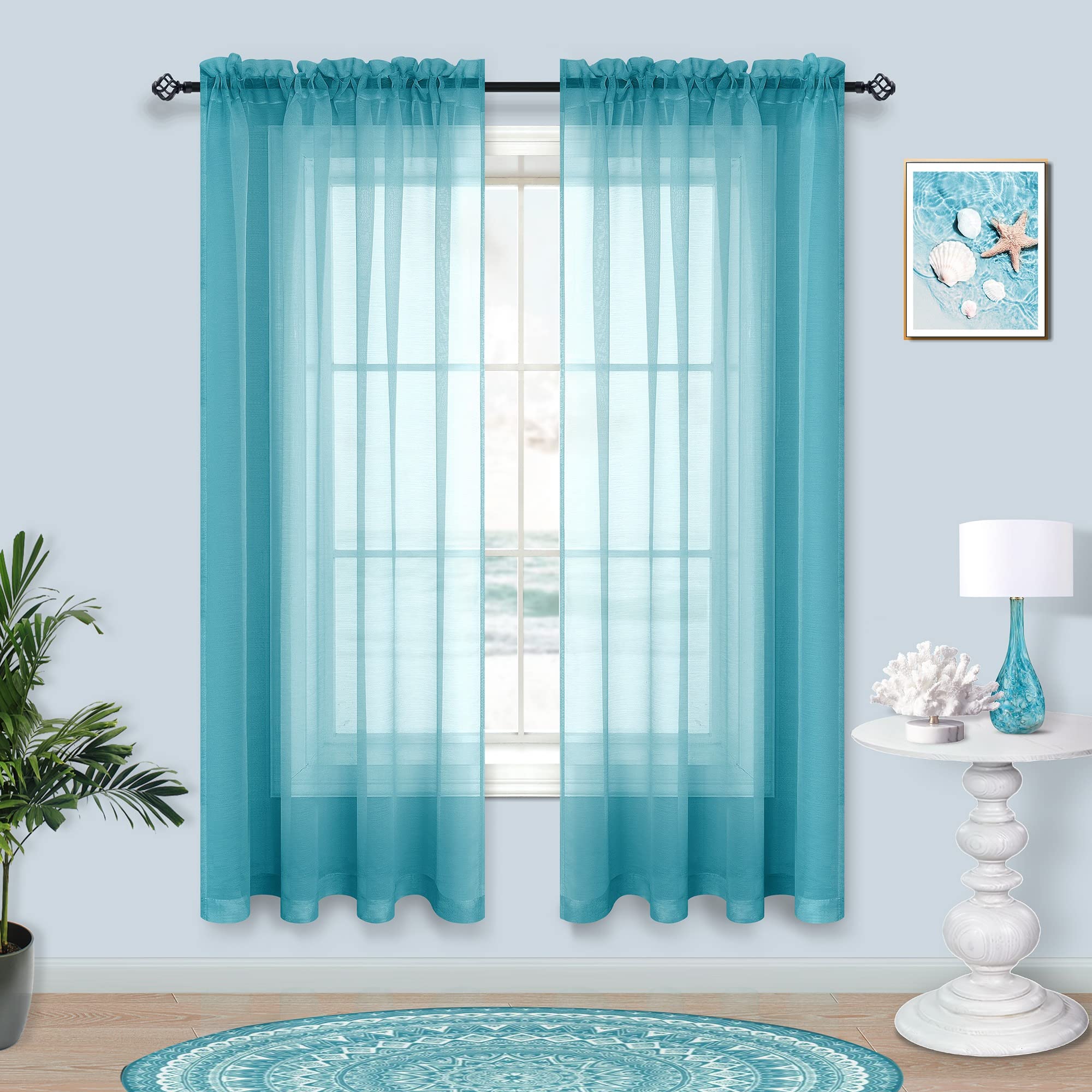 Teal Curtains 63 Inch Length for Bedroom 2 Panel Sets Rod Pocket Window Sheer Curtains for Living Room 52x63 Inches Long