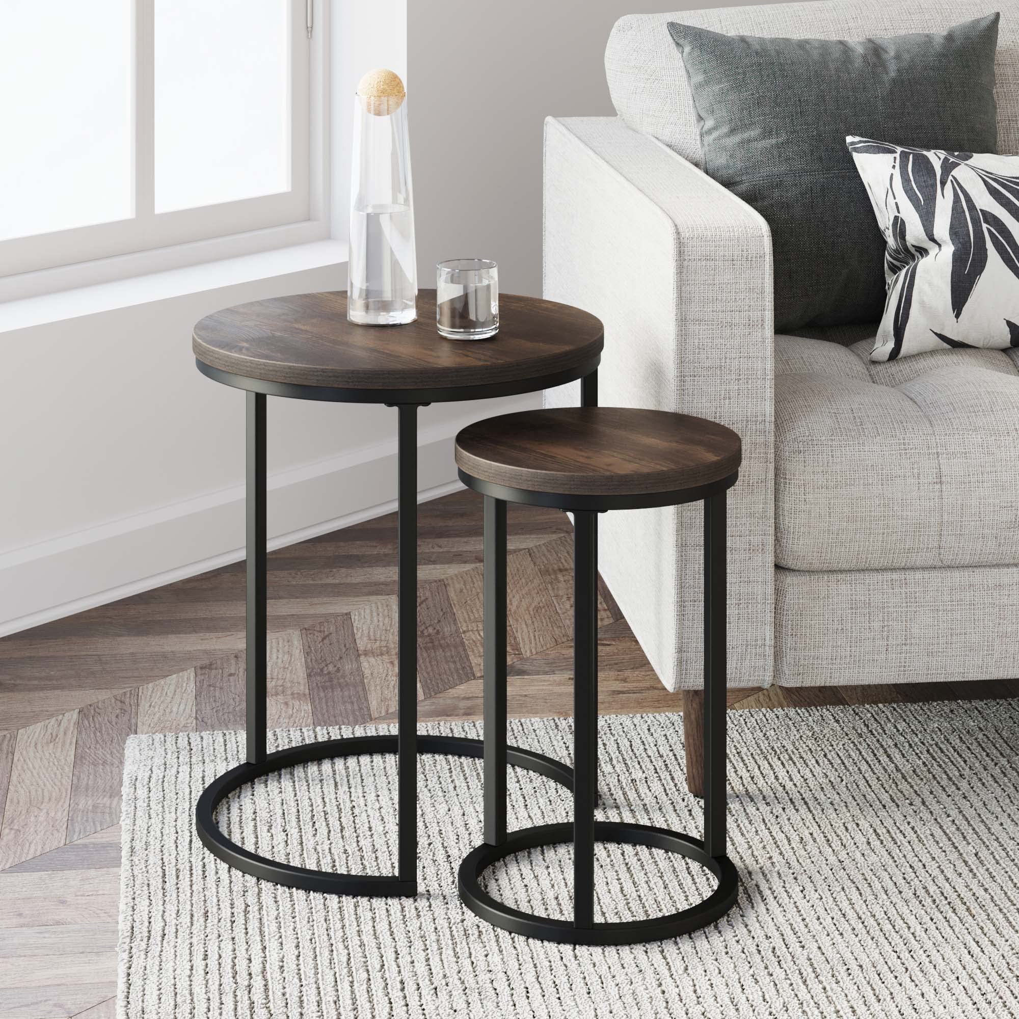 Nathan James Lula Nesting Round Side Set of 2, Accent End Table for Living Room with Wood or Marble Finish Tabletop and Metal Ba