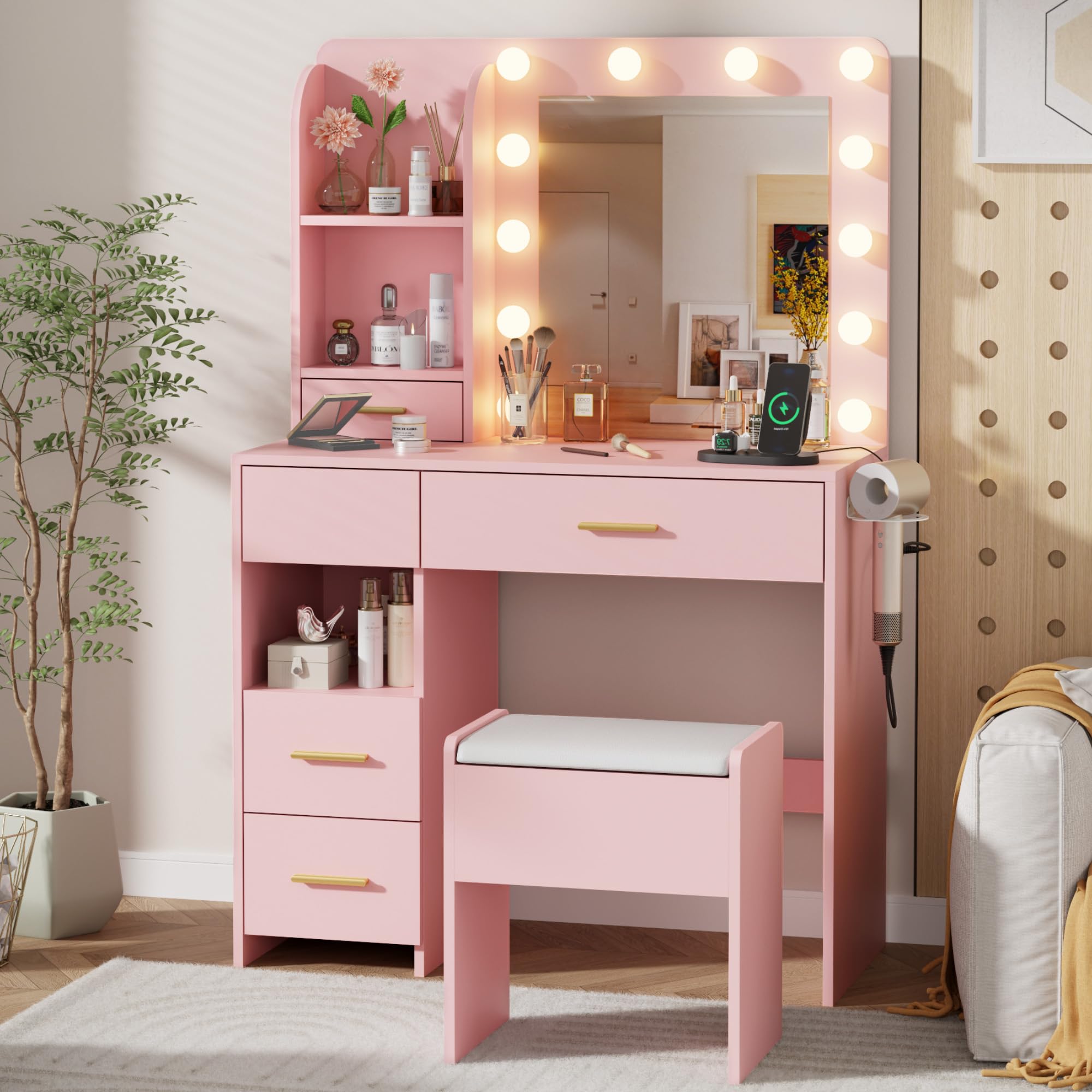 Otterease Vanity Desk with LED Lighted Mirror&Power Outlet, 3 Lighting Colors Makeup Vanity Desk with 5 Large Drawers and 3 Stor