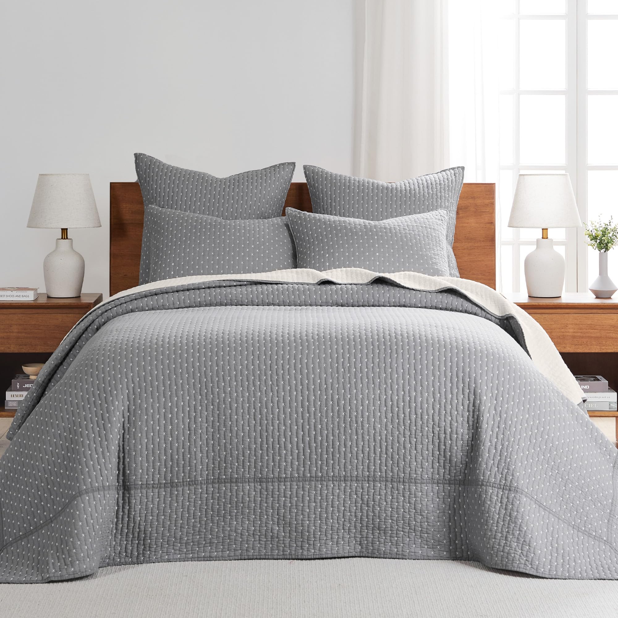 Levtex Home - Cross Stitch Grey with White Contrast Bedspread Set - Full Quilted Bedspread and Two Standard Shams - Cross Stitch