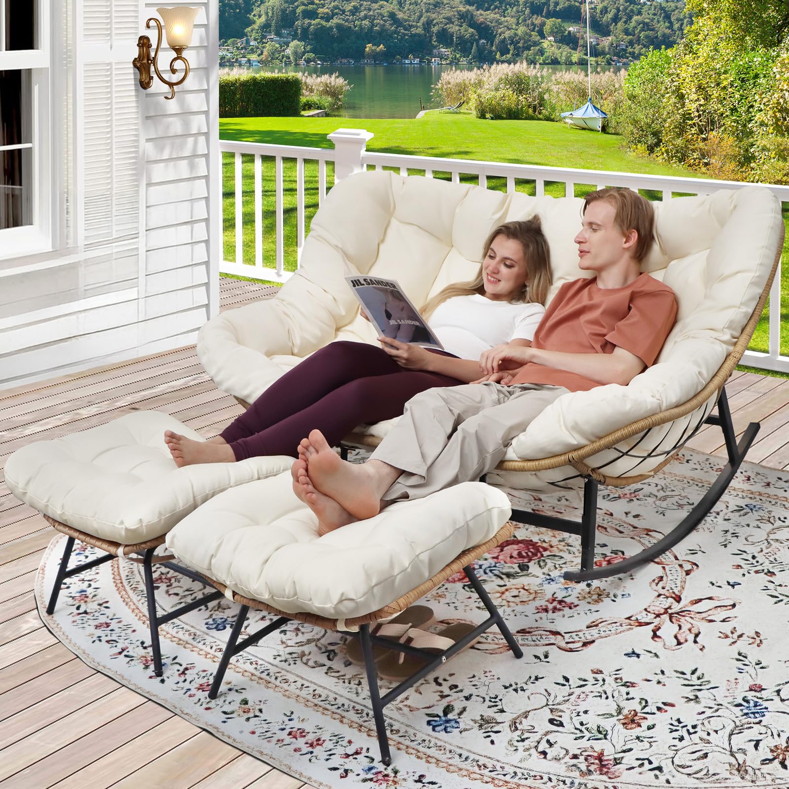 RADIATA Double Egg Rocking Chair with Ottomans, 700 Lbs Heavy Duty Papasan Lounger Chairs with Comfy Cushion and Footrest, 2 Per