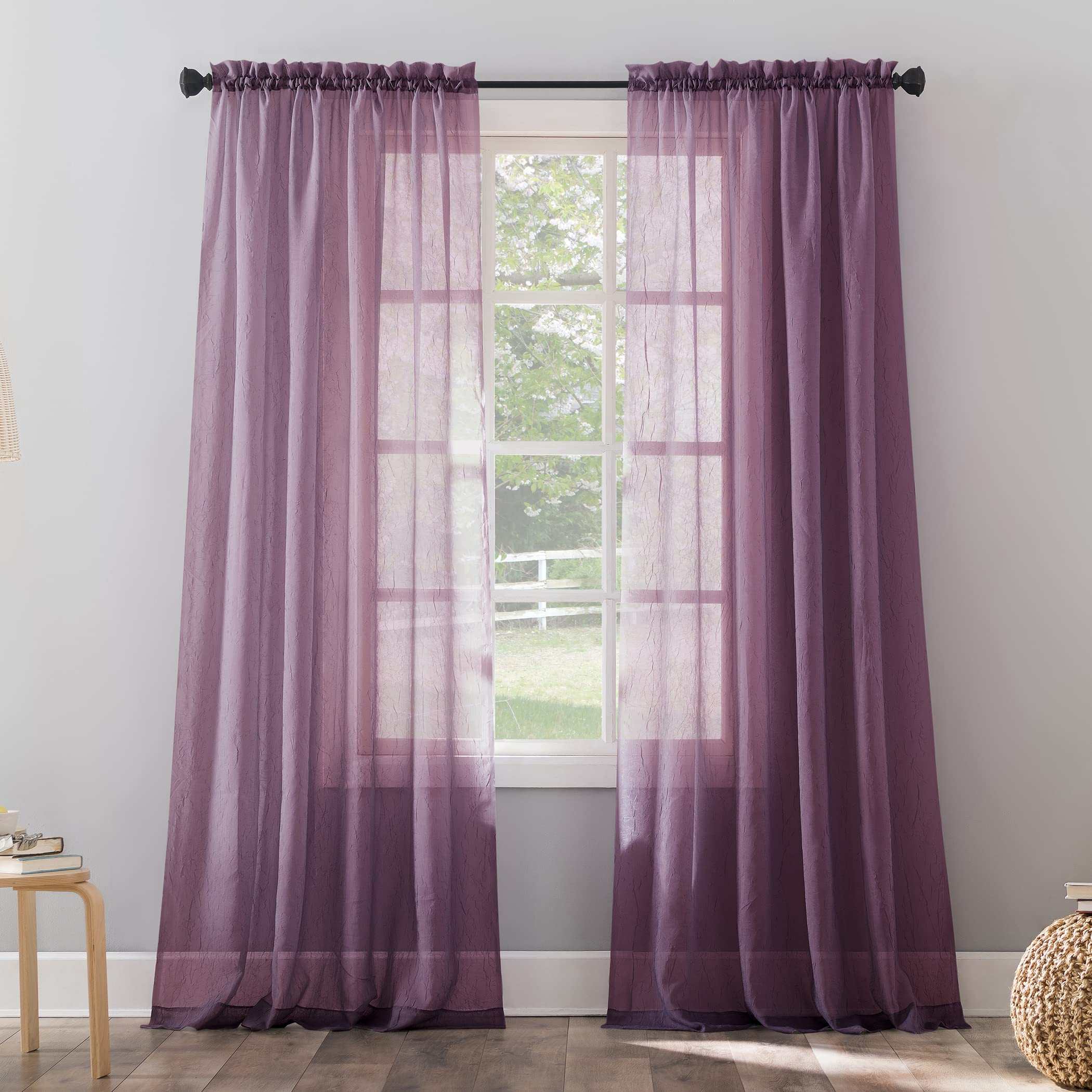No. 918 Erica Crushed Sheer Voile Rod Pocket Curtain Panel, 51 x 63, Purple