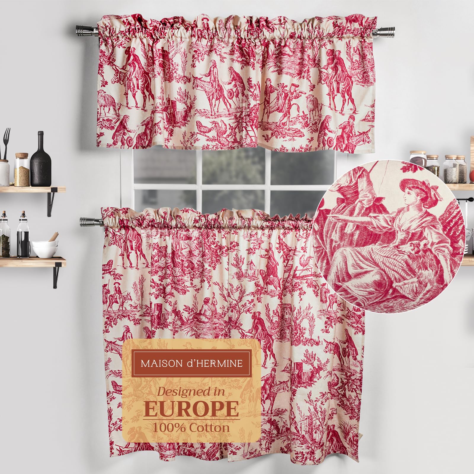 Maison d Hermine Miller - Red 100% Cotton Set of 3 Kitchen Window Curtain for Cafe Kitchen Bedroom Home [2 Tiers (28X36) and 1 