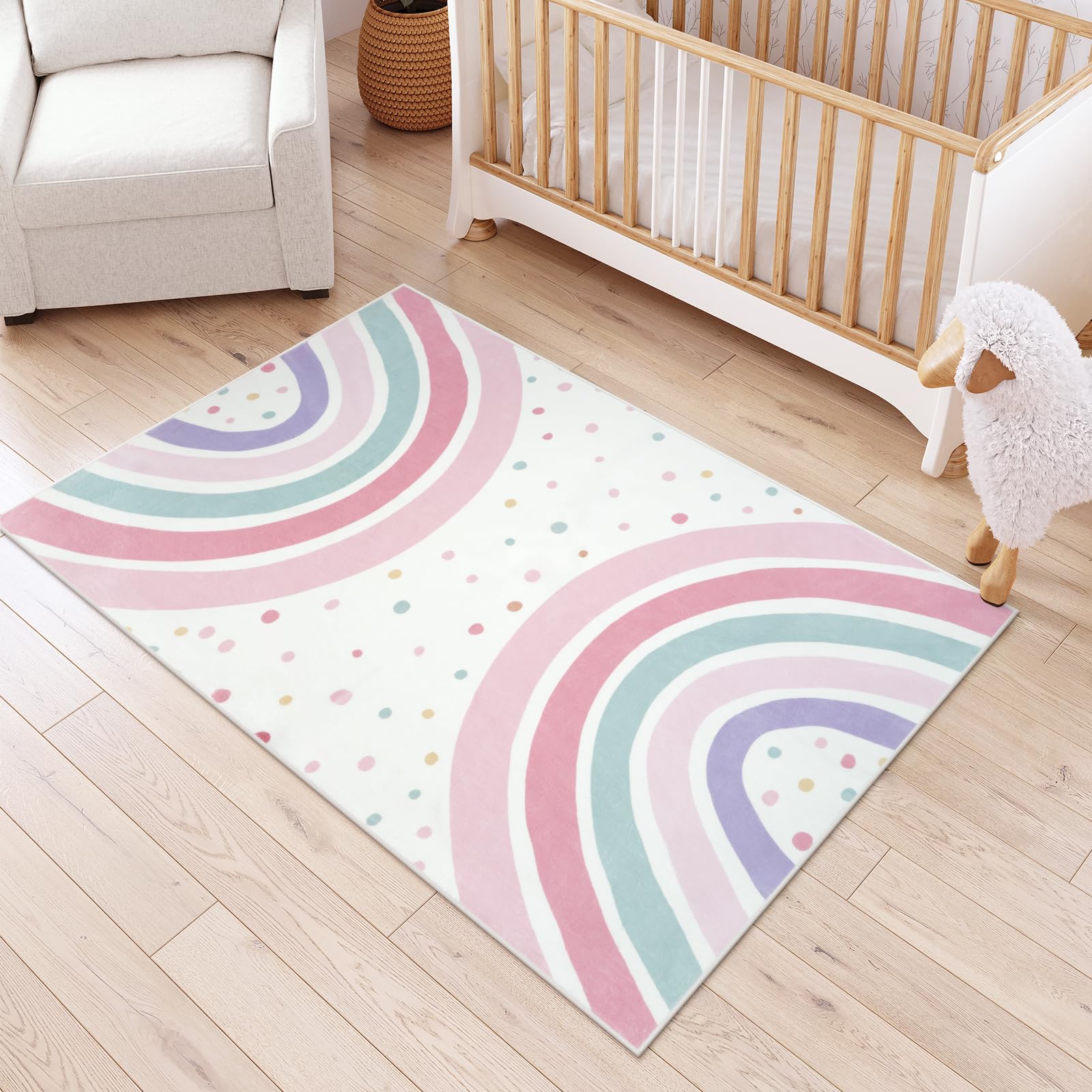STARUIA 4x6 Washable Rainbow Rug for Nursery Kids Room, Soft Polka Dot Pink Area Rugs for Girls Bedroom, Non-Slip Carpet Kids Ru