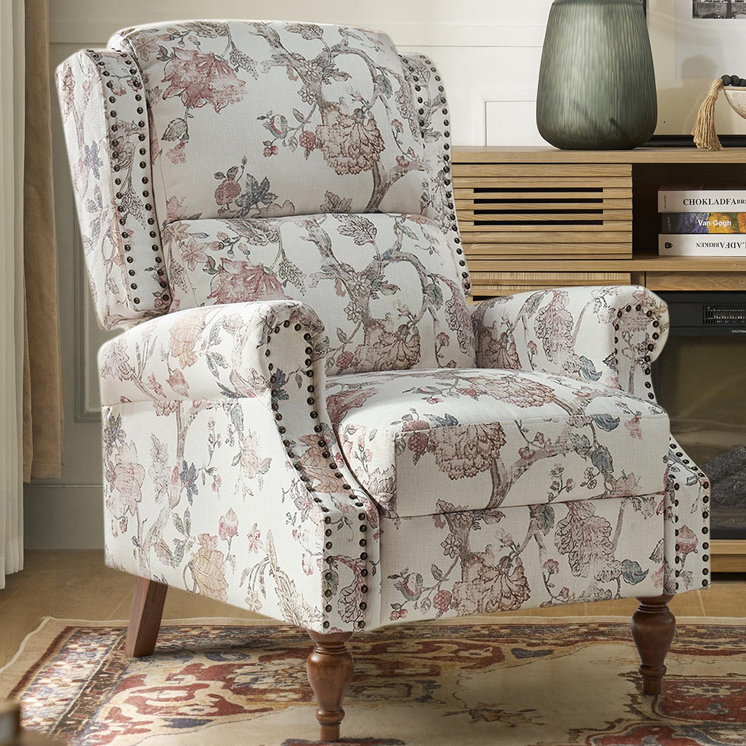 The support you need Pushback Recliner Chair, Upholstered Floral Fabric Wingback Chair, Single Sofa Accent Chair with Wood Legs 