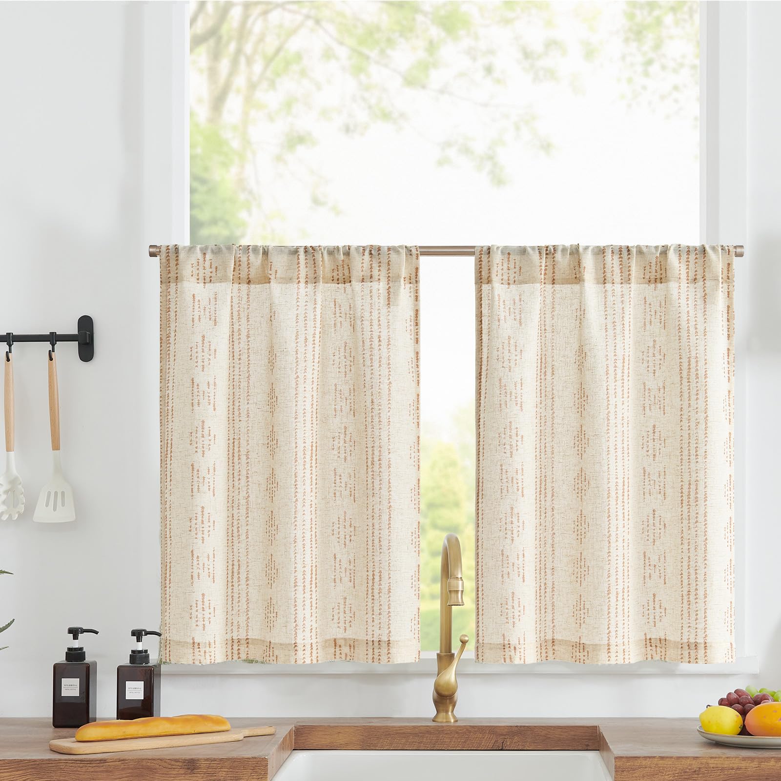 jinchan Boho Kitchen Linen Tier Curtains 30 Inch Bohemian Cafe Curtains Farmhouse Natural Striped Half Window Treatment for Bath