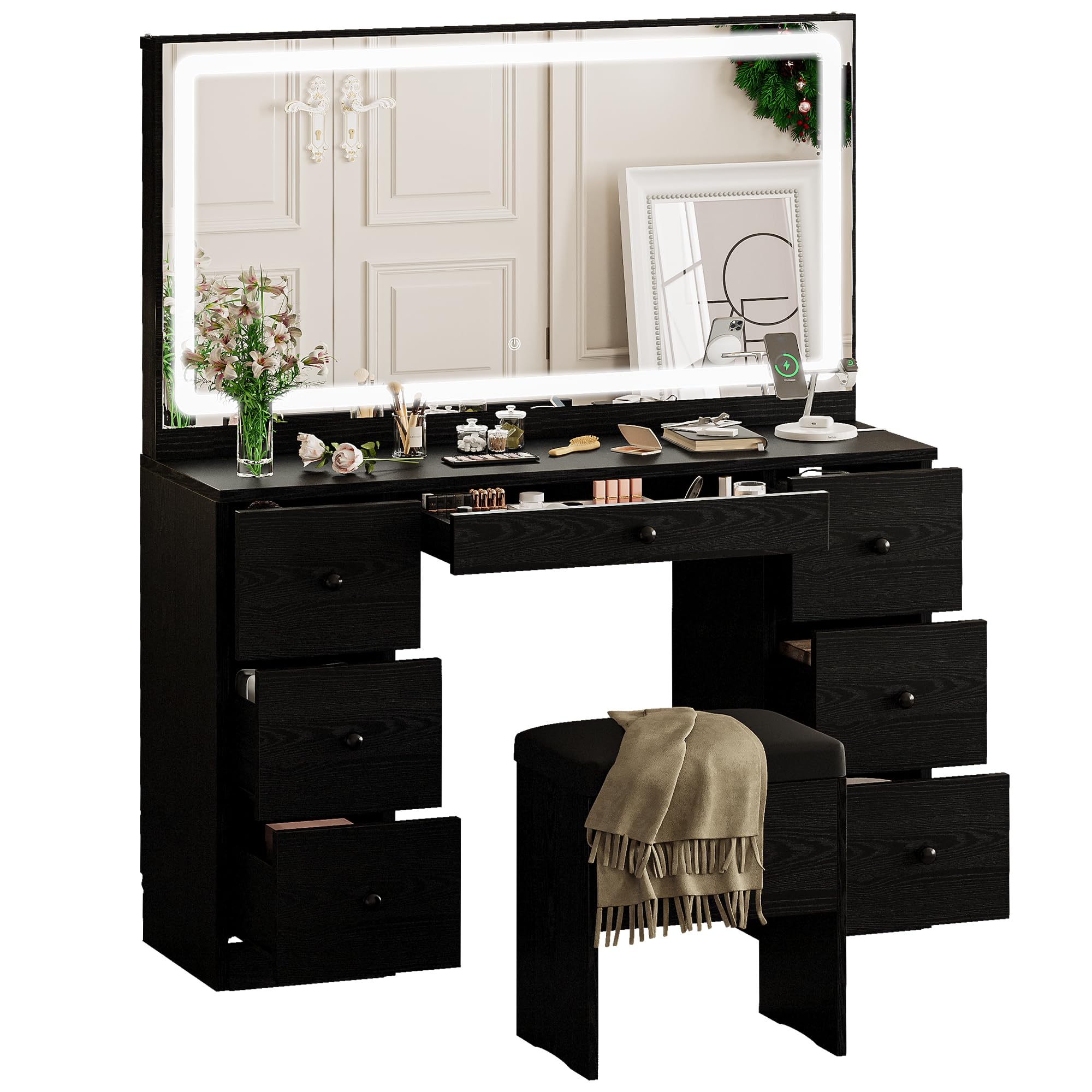 IRONCK Vanity Makeup Desk Set with LED Lighted Mirror & Power Outlet, 7 Drawers Bedroom Vanities Table with Stool,Black