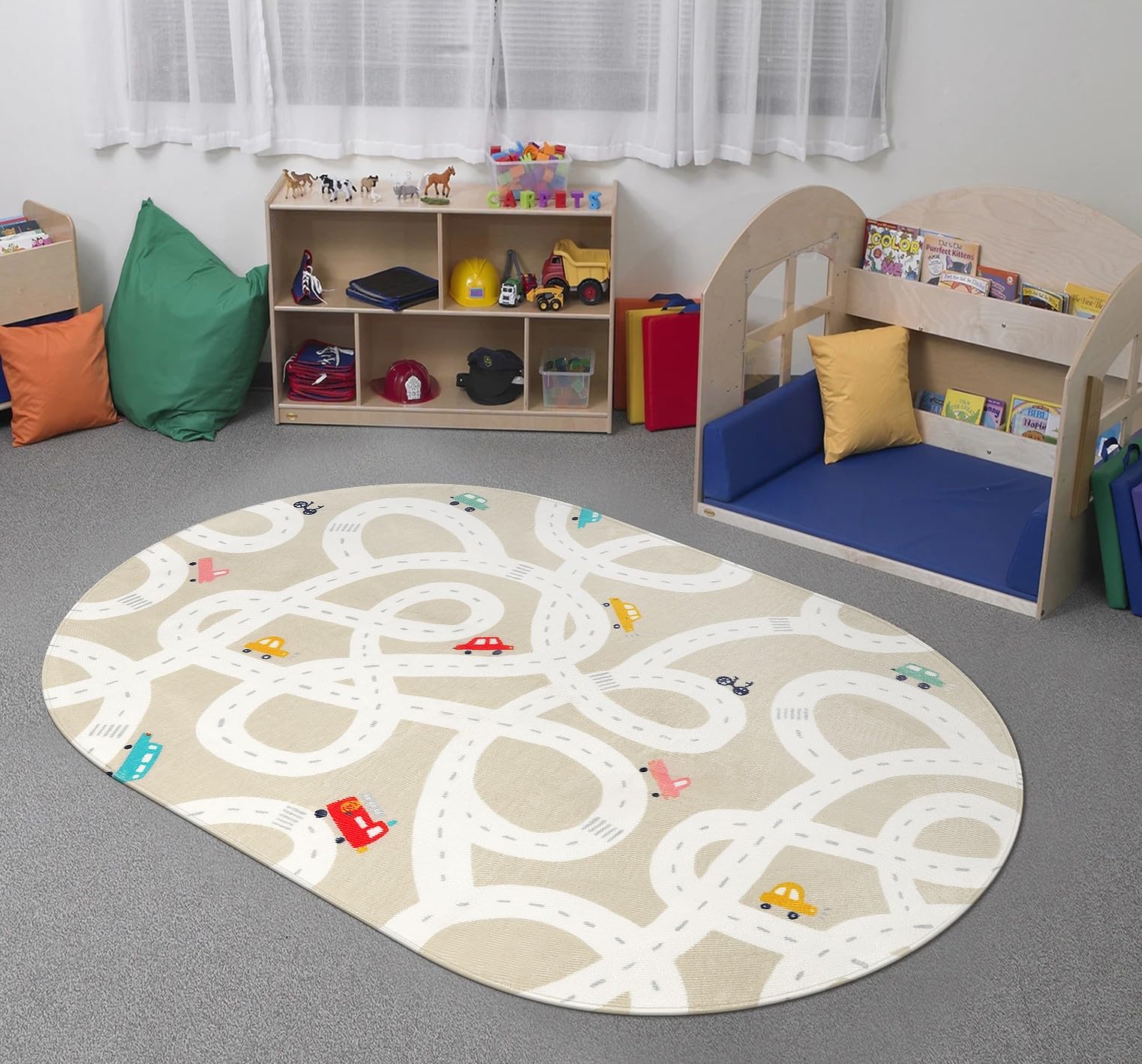 STARUIA Kids Room Rug, 3x5 Washable Road Play Mat for Baby Nursery, Non-Slip Car Rug for Playroom, Tan Traffic Play Mat for Bo