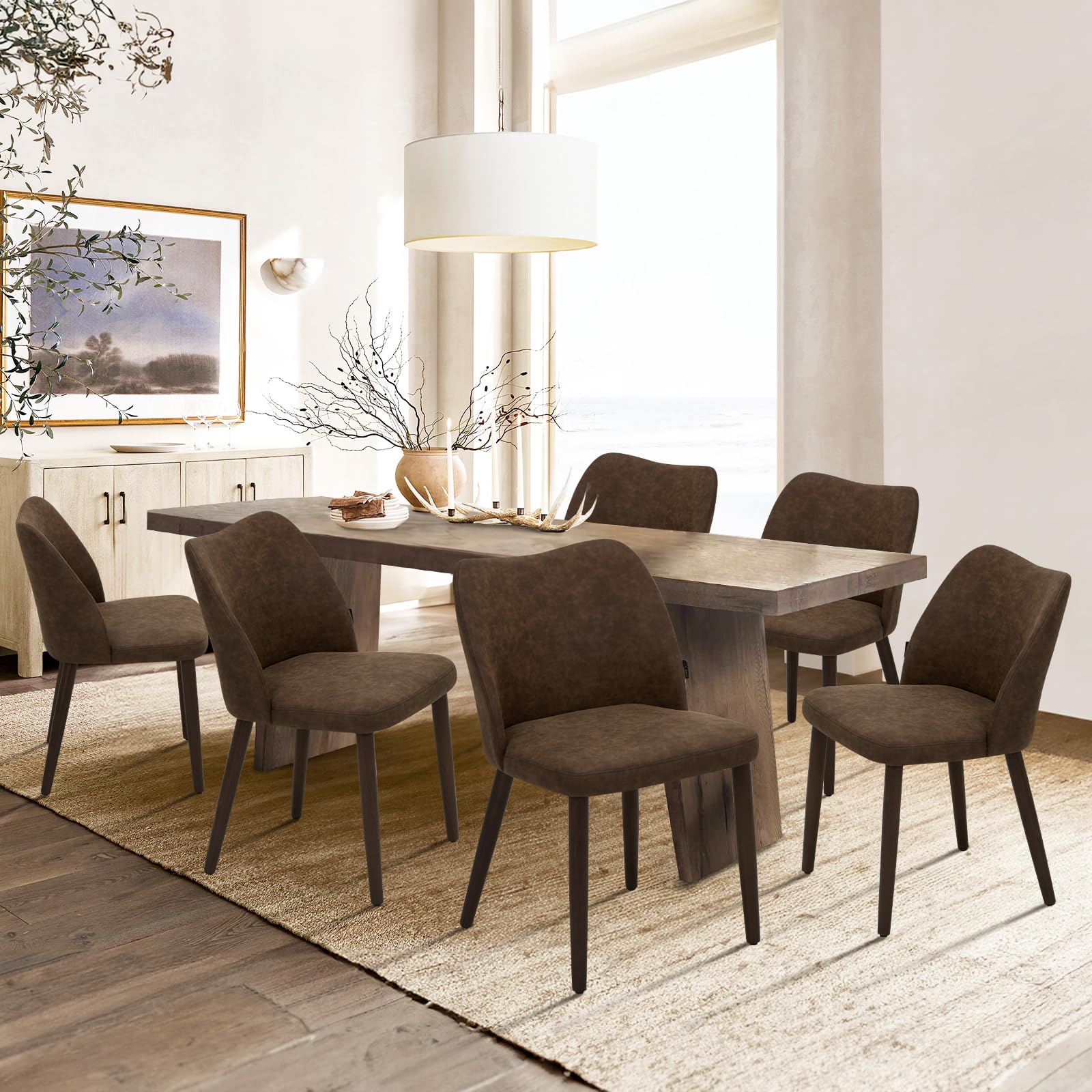 COLAMY Upholstered Dining Chairs Set of 6, Modern PU Leather Dining Room Kitchen Side Chair with Padded Seat and Wood Legs Resta