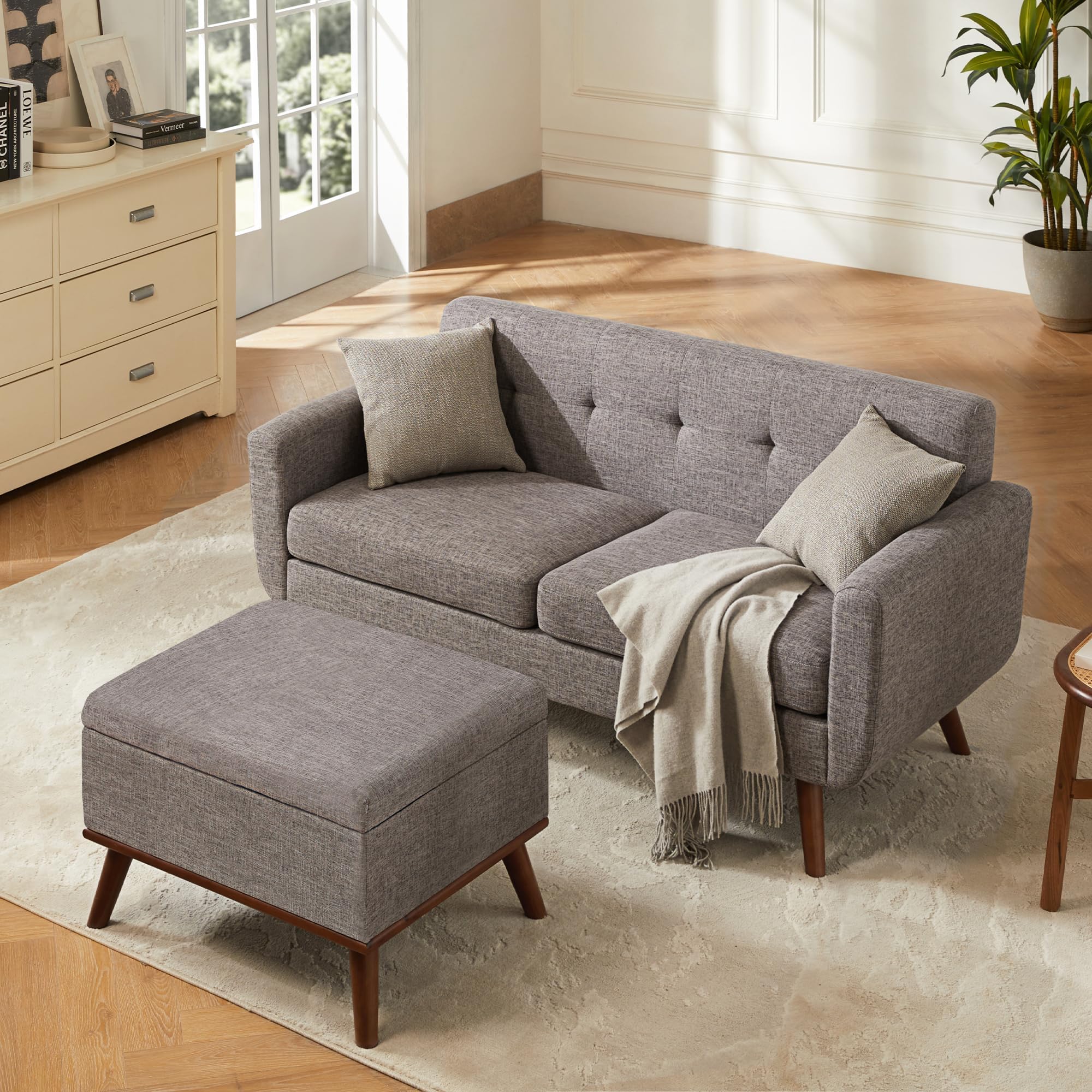 Tbfit 65 W Loveseat Sofa with Ottoman Coffee Table, Mid Century Modern Love Seat Couches for Living Room, Button Tufted Upholste