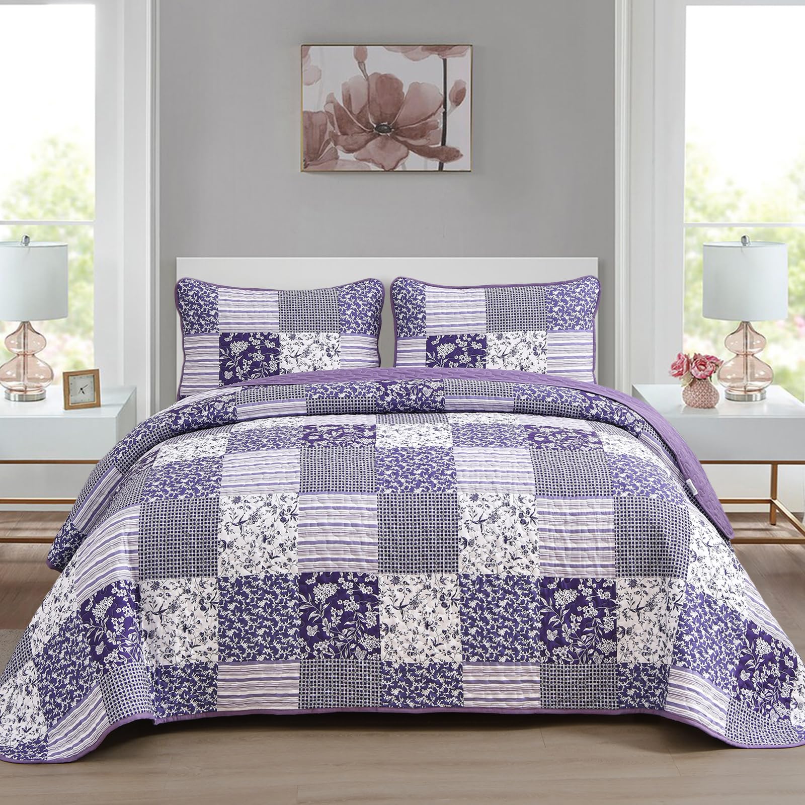 Mybedsoul Purple Quilt Set Queen Size,3 Pieces Boho Floral Plaid Bedspread Coverlet Set for All Season,Patchwork Reversible Bedd