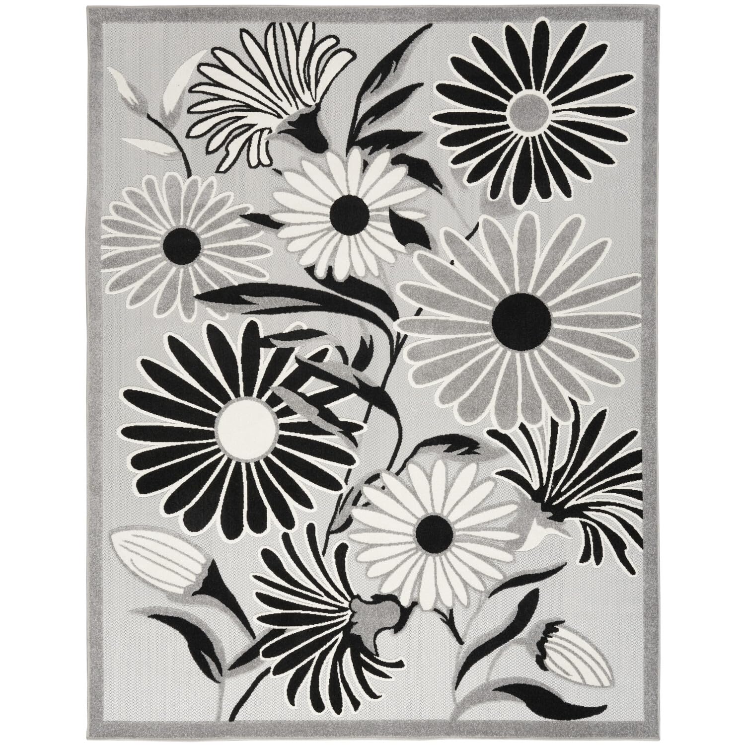Nourison Aloha Indoor/Outdoor Black White 6 x 9 Area Rug, Easy Cleaning, Non Shedding, Bed Room, Living Room, Dining Room, Kit