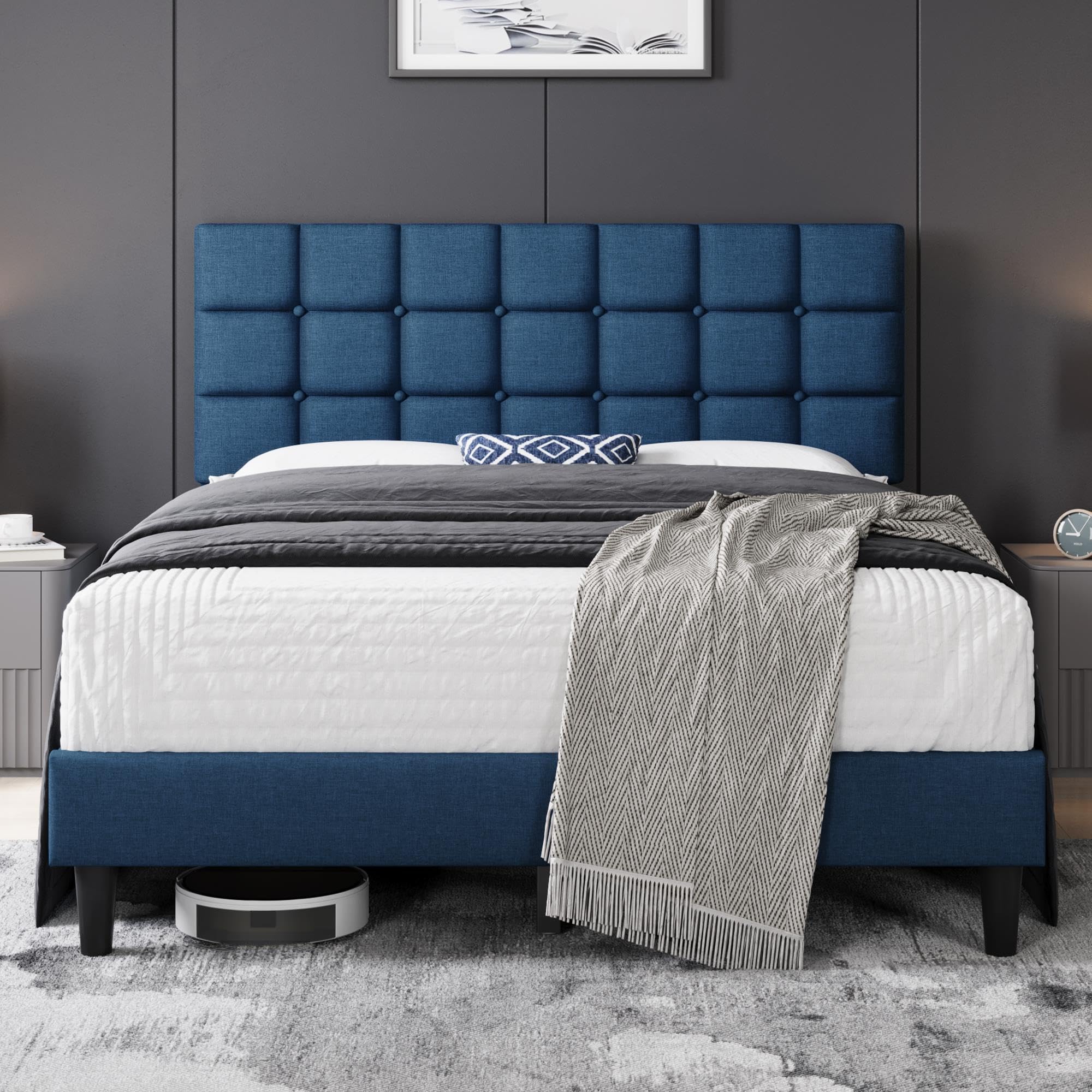Yaheetech Upholstered Bed Frame, Modern Queen Bed Platform with Square Stitched&Button Tufting Headboard Height Adjustable, Wood