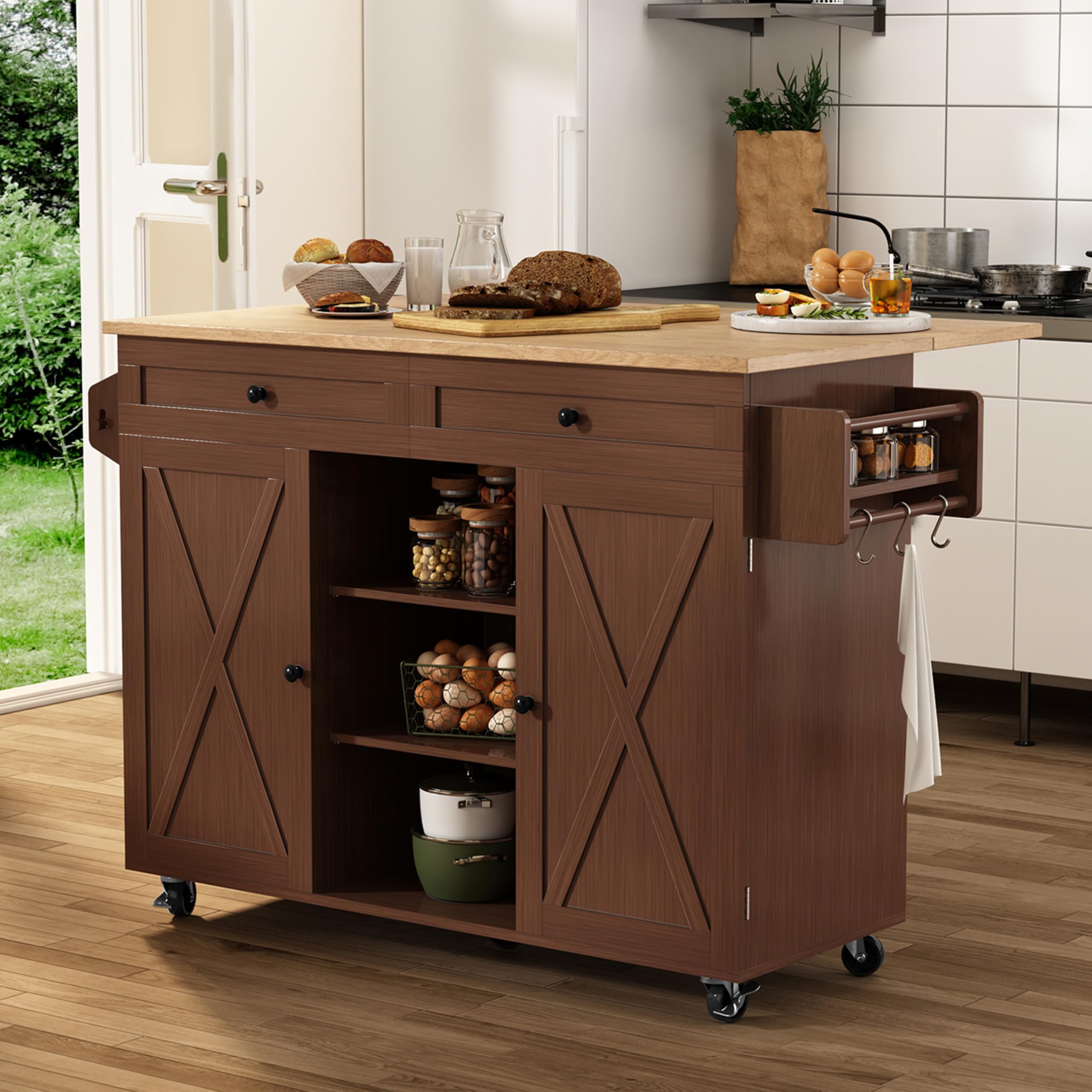 HLR Kitchen Island On Wheels, Rolling Kitchen Island Cart with Drop Leaf Countertop, Barn Door Island Table with Storage Cabinet