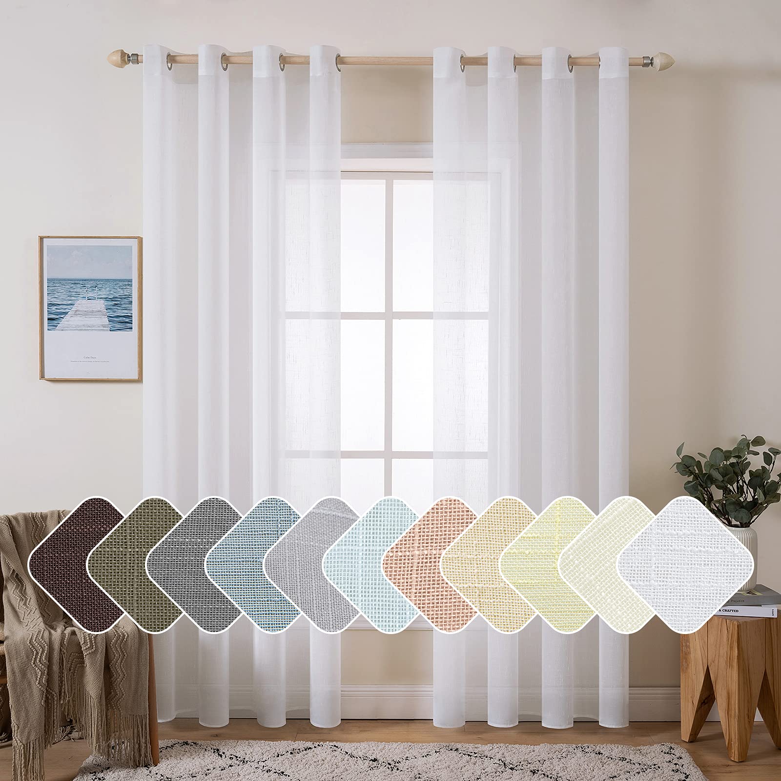 MIULEE 2 Panels Natural Linen Sheer Window Curtains Elegant Solid White Drapes Grommet Top Window Voile Panels Linen Textured Pa