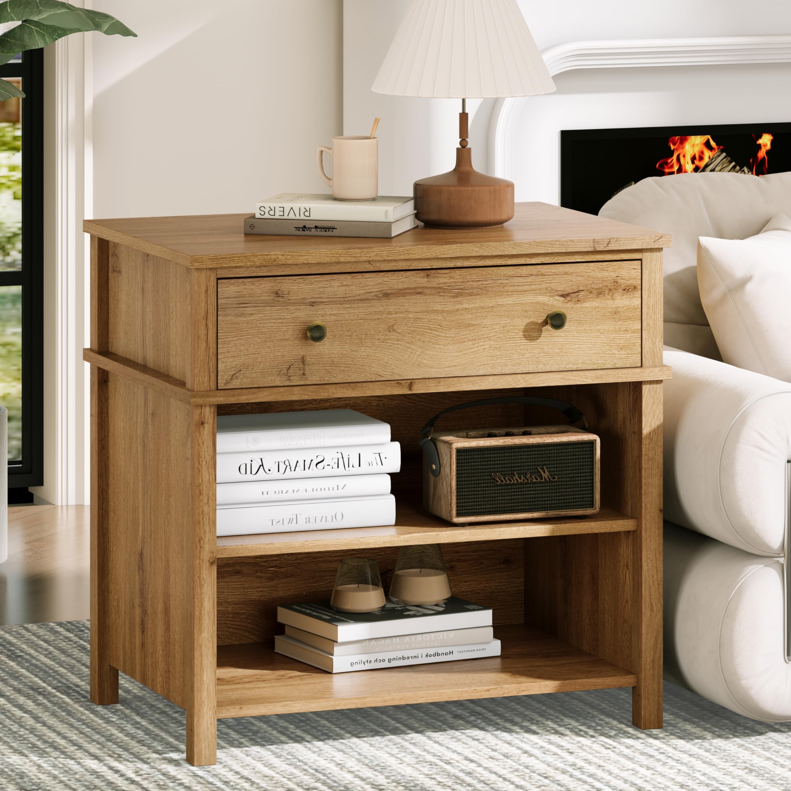 Zenflare End Table with Drawer and 2 Tier Shelves, Wood Sofa Side Table for Living Room, Modern Nightstand Bedside Table for Bed