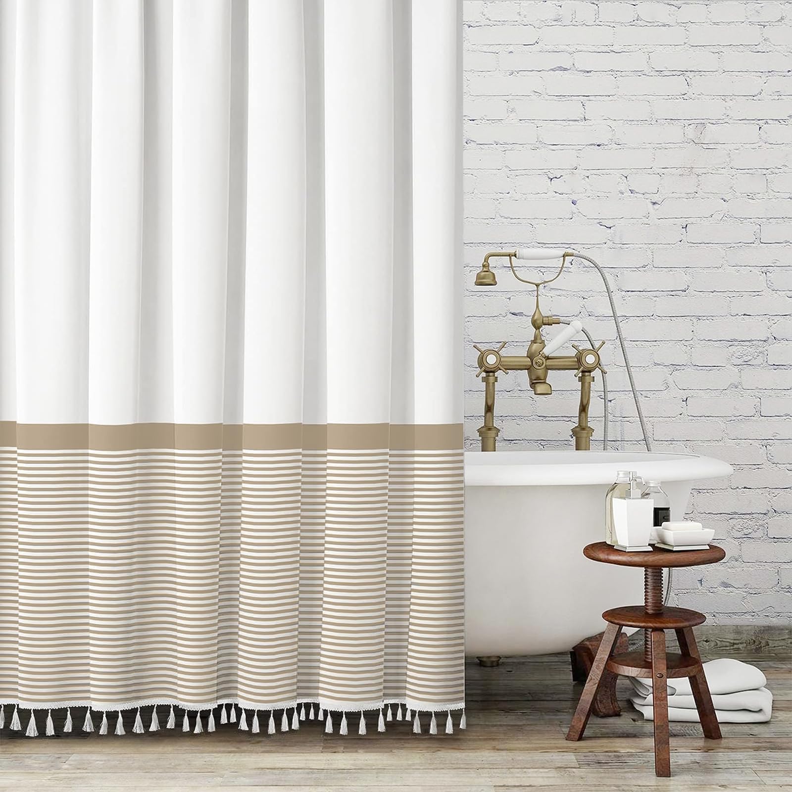 Seasonwood Extra Long 84 Inch Tall Shower Curtain Beige and White Striped Shower Curtain with Tassels Water Repellent, Wrinkle F